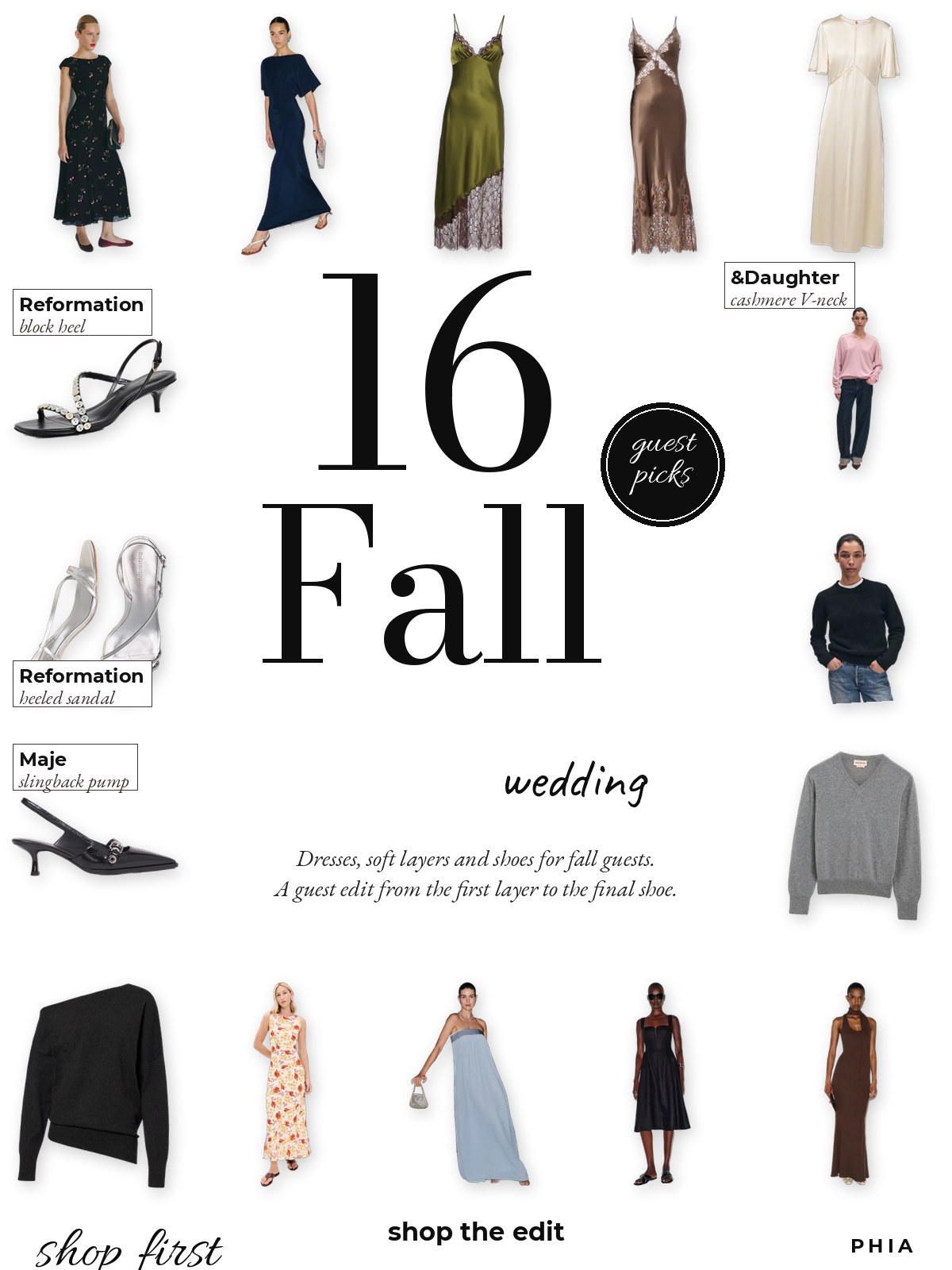 Count flat-lay featuring 16 fall wedding guest pieces from Reformation, Staud, Joseph, Maje and &Daughter.