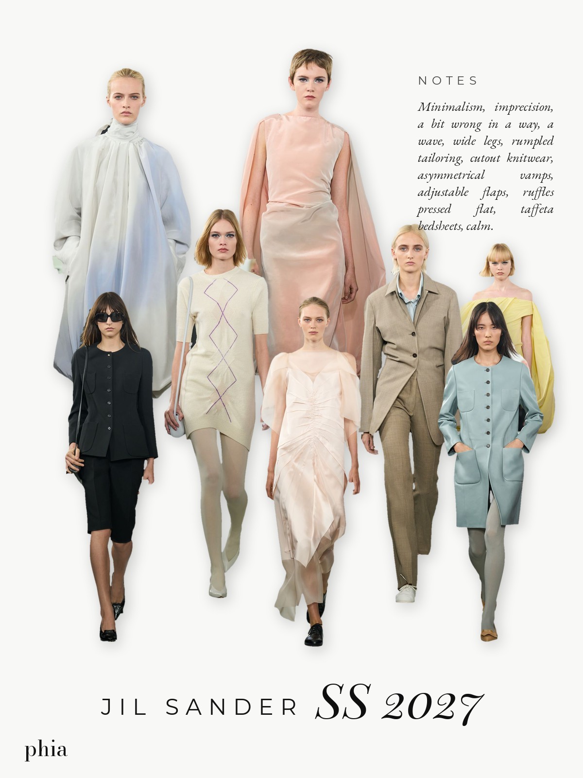 Collage: Jil Sander Spring 2027 runway looks grouped with show notes