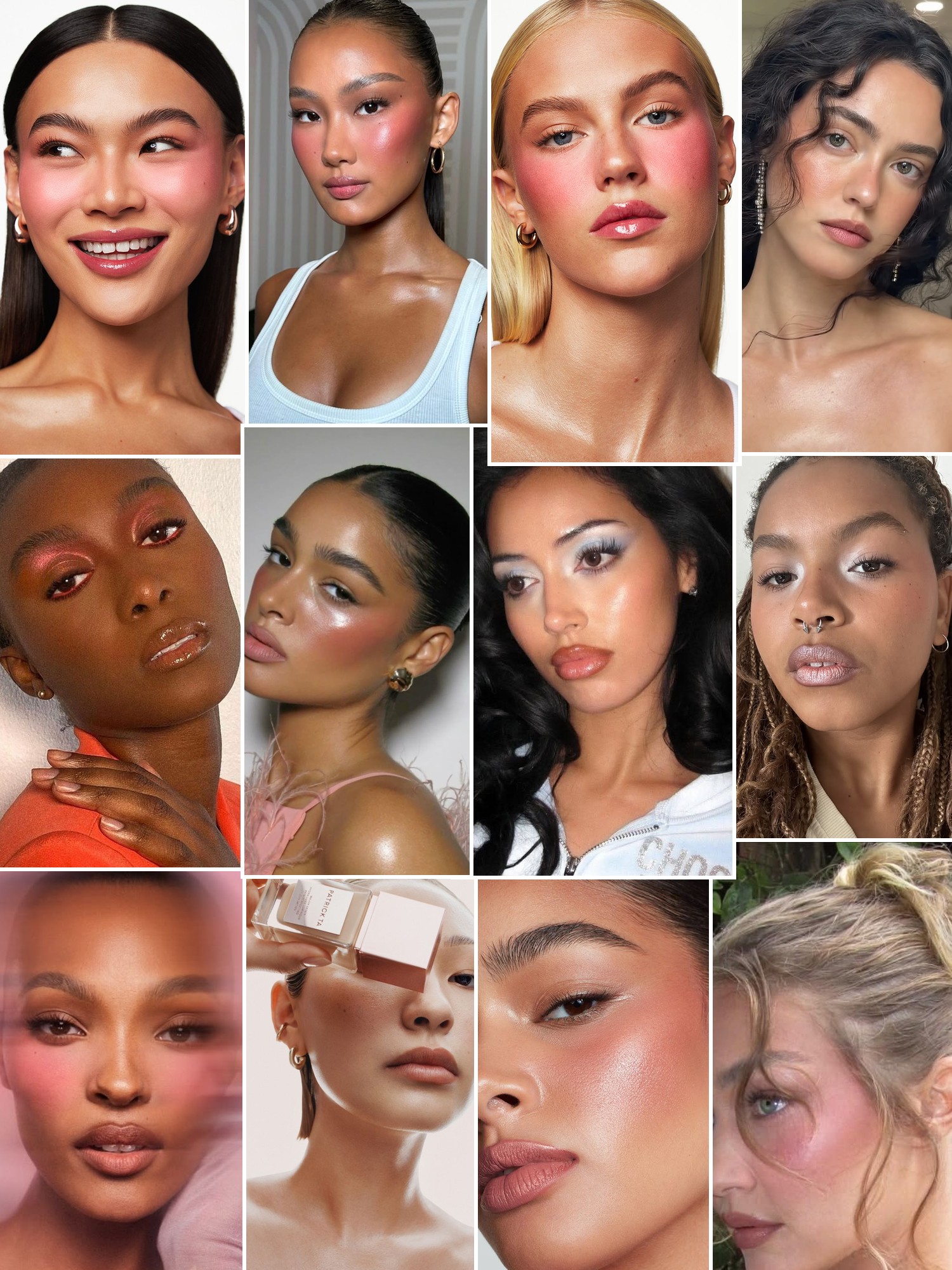 Collage of luminous skin, rosy blush, glossy lips and soft glam eye makeup.