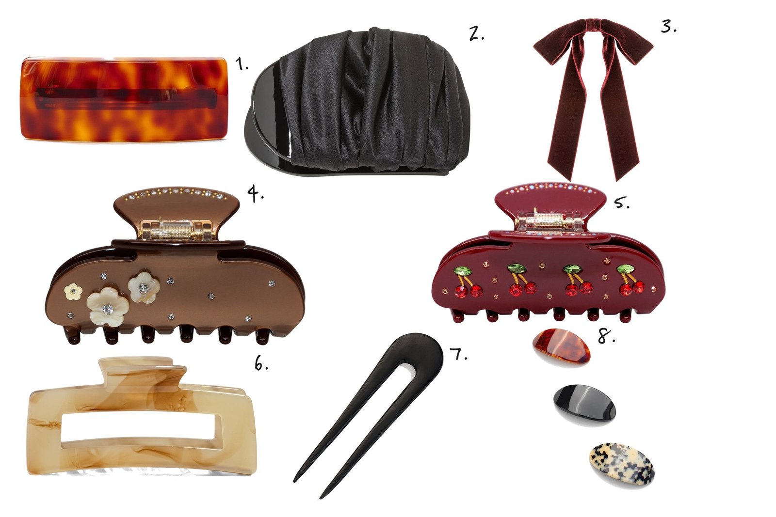 Numbered collage: 1. Sophie Buhai Monceau Clip; 2. Jennifer Behr Tasha Jaw Clip in Black; 3. Jennifer Behr Adley Velvet Bow Barrette in Pinot; 4. Emi Jay Sweetheart Clip in Soufflé; 5. Emi Jay Sweetheart Clip in Bordeaux Cherry Pie; 6. Kitsch Jumbo Open Claw Clip in Chocolate Marble; 7. SOKO Mini Sana Horn Hair Pin; 8. Sophie Buhai Coupole Clip