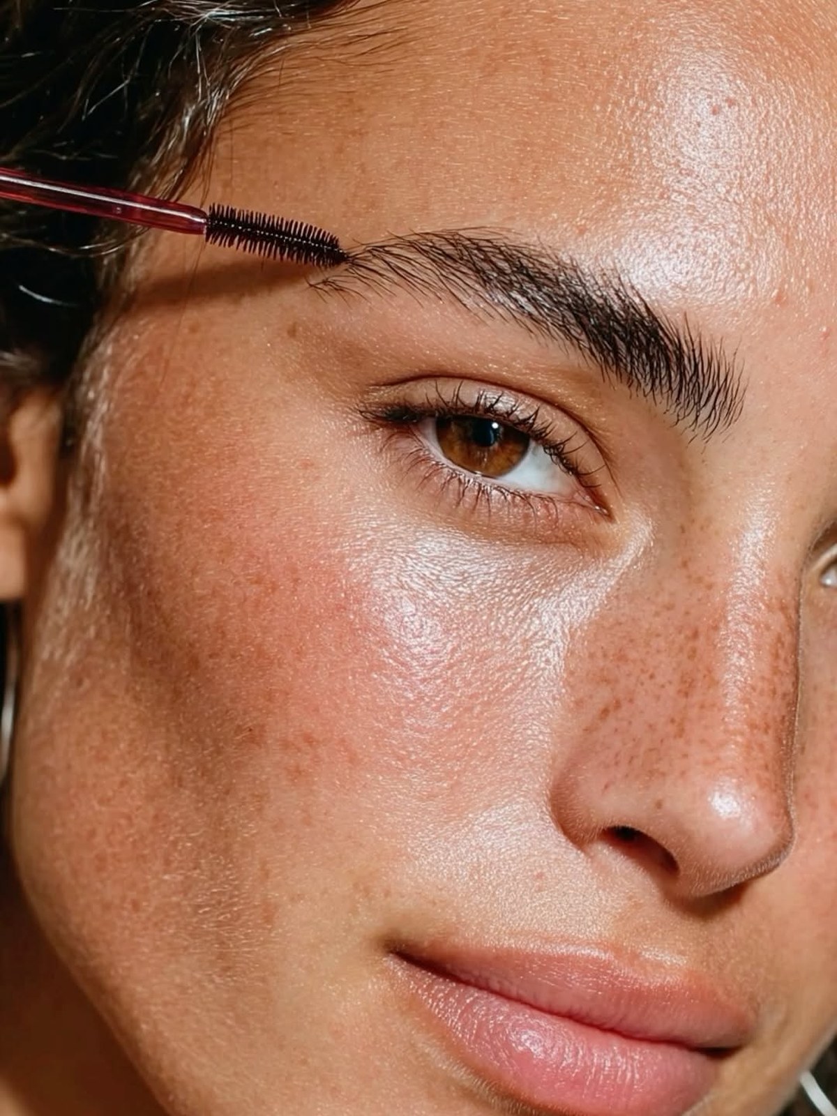 Close-up of a brown eye and a dark brow being brushed upward with a pink spoolie wand, skin glowing with freckles.