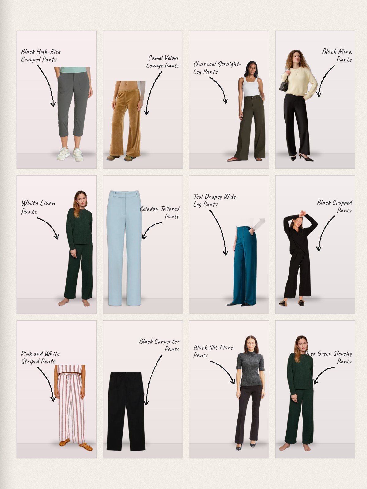 A handwritten-label travel-pants grid with cropped, wide-leg, tailored, and lounge styles.