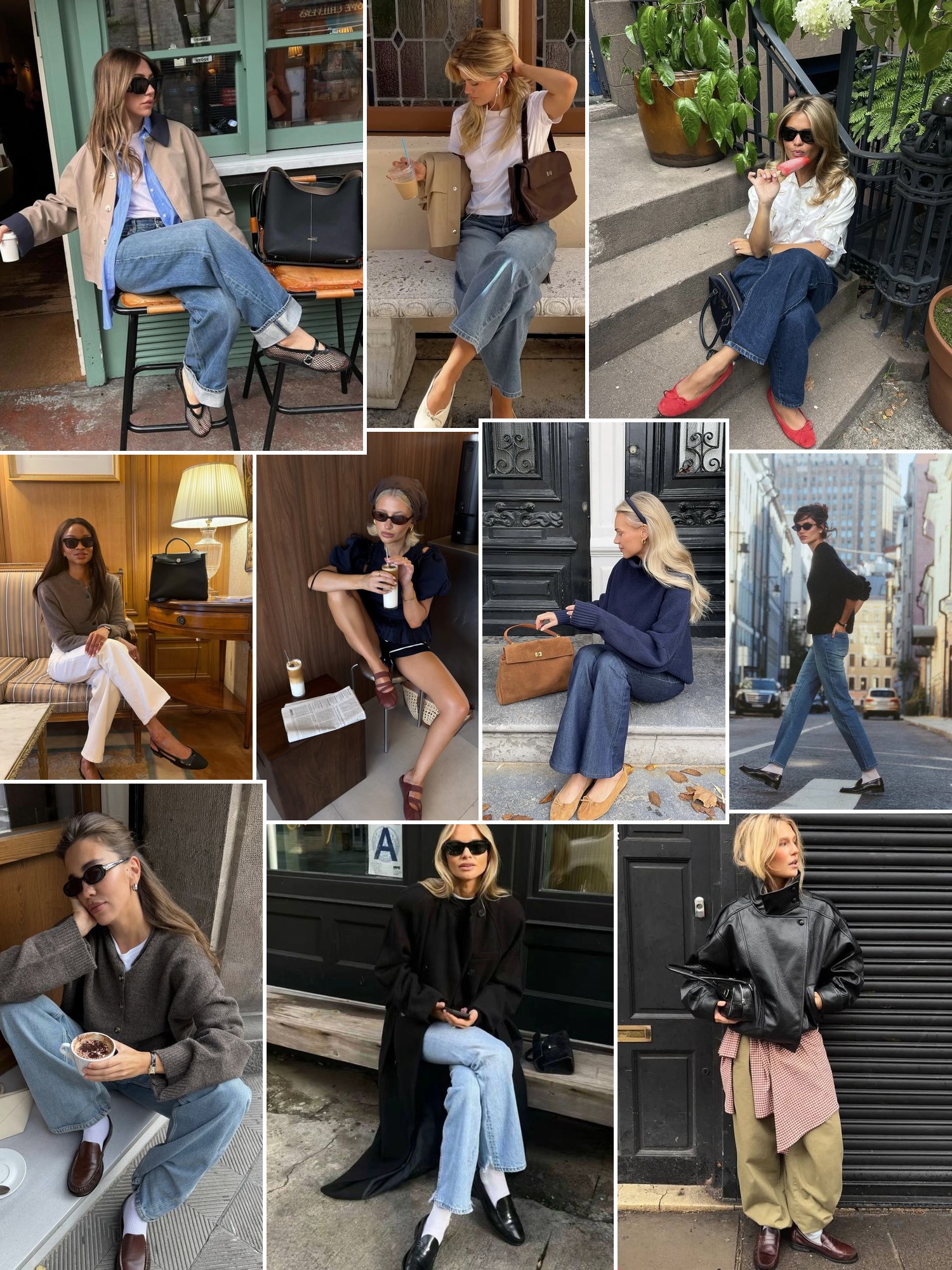 Collage of everyday outfits with comfortable flats, sneakers and ankle boots