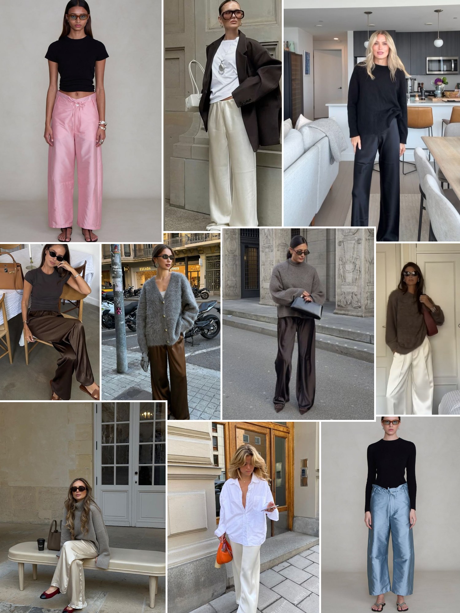 Collage of silk and satin trouser outfits with boat-neck tops and slingbacks