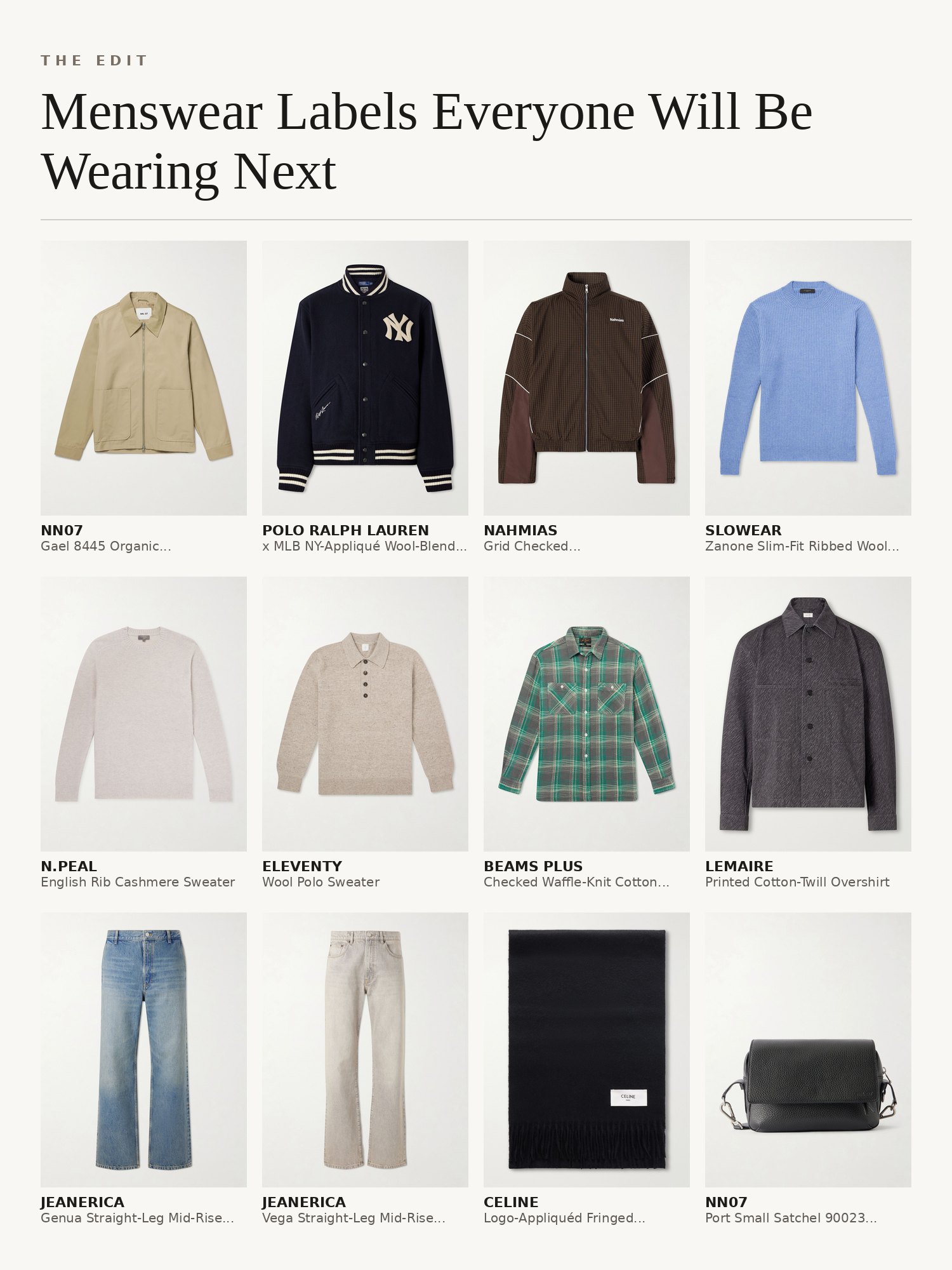 Collage of menswear from emerging labels: Slowear jackets, N.Peal cashmere sweaters, NN07 shirts, Jeanerica jeans and caps