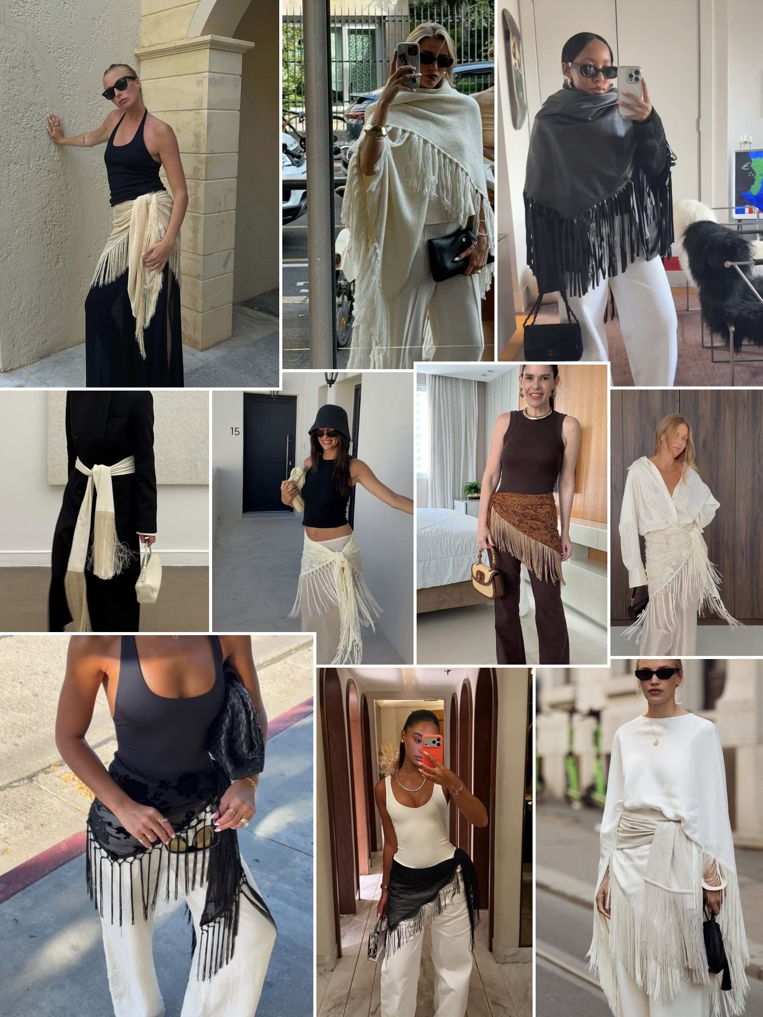 Street style collage of women wearing fringe scarf