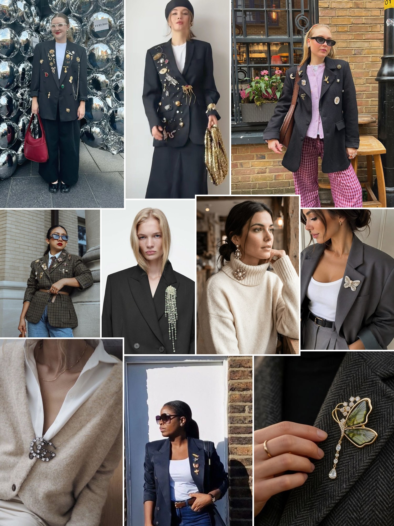 Street style collage of women wearing Brooch
