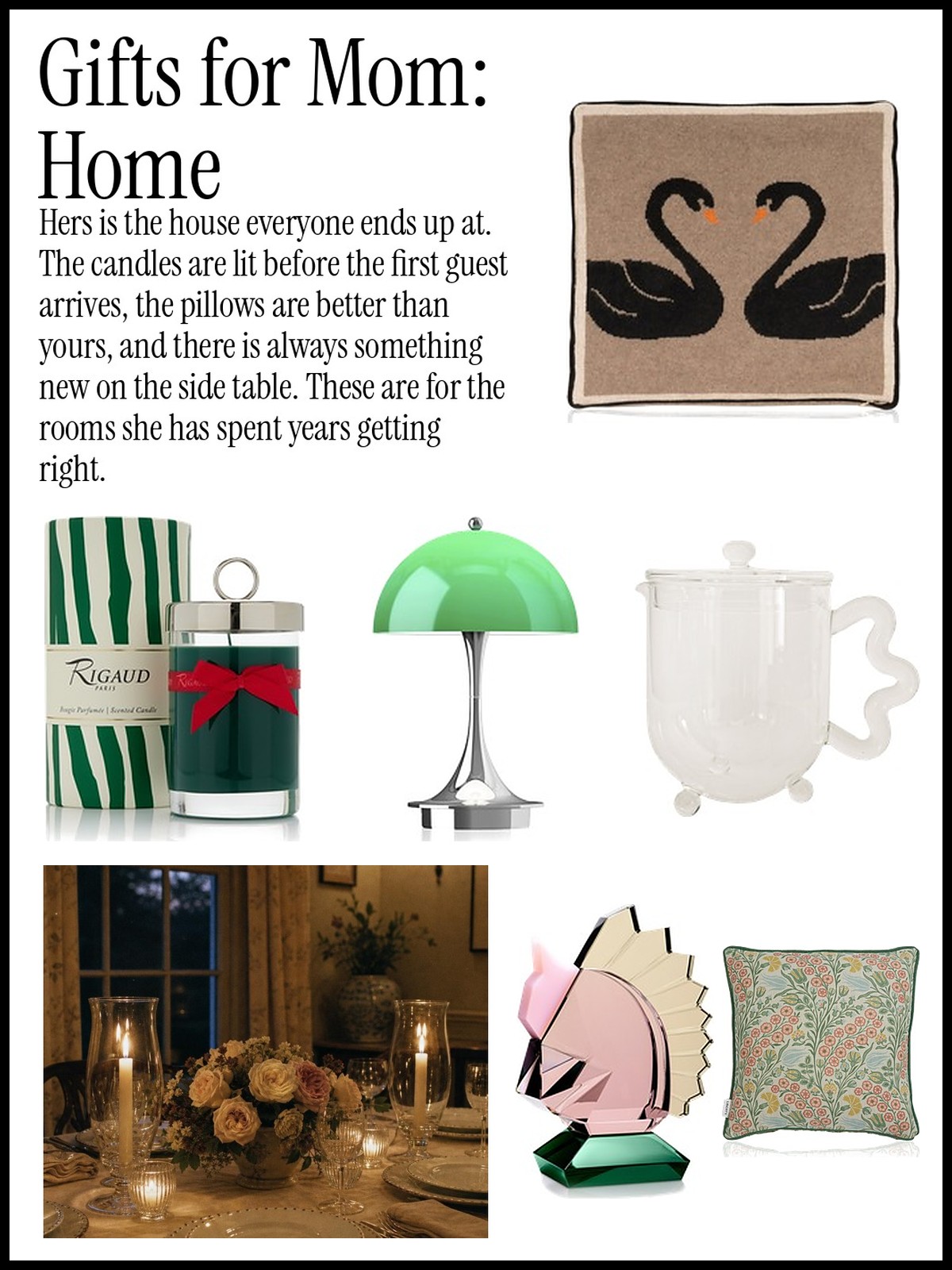 Gifts for Mom: Home collage of scented candles, embroidered pillows, painted china and stationery