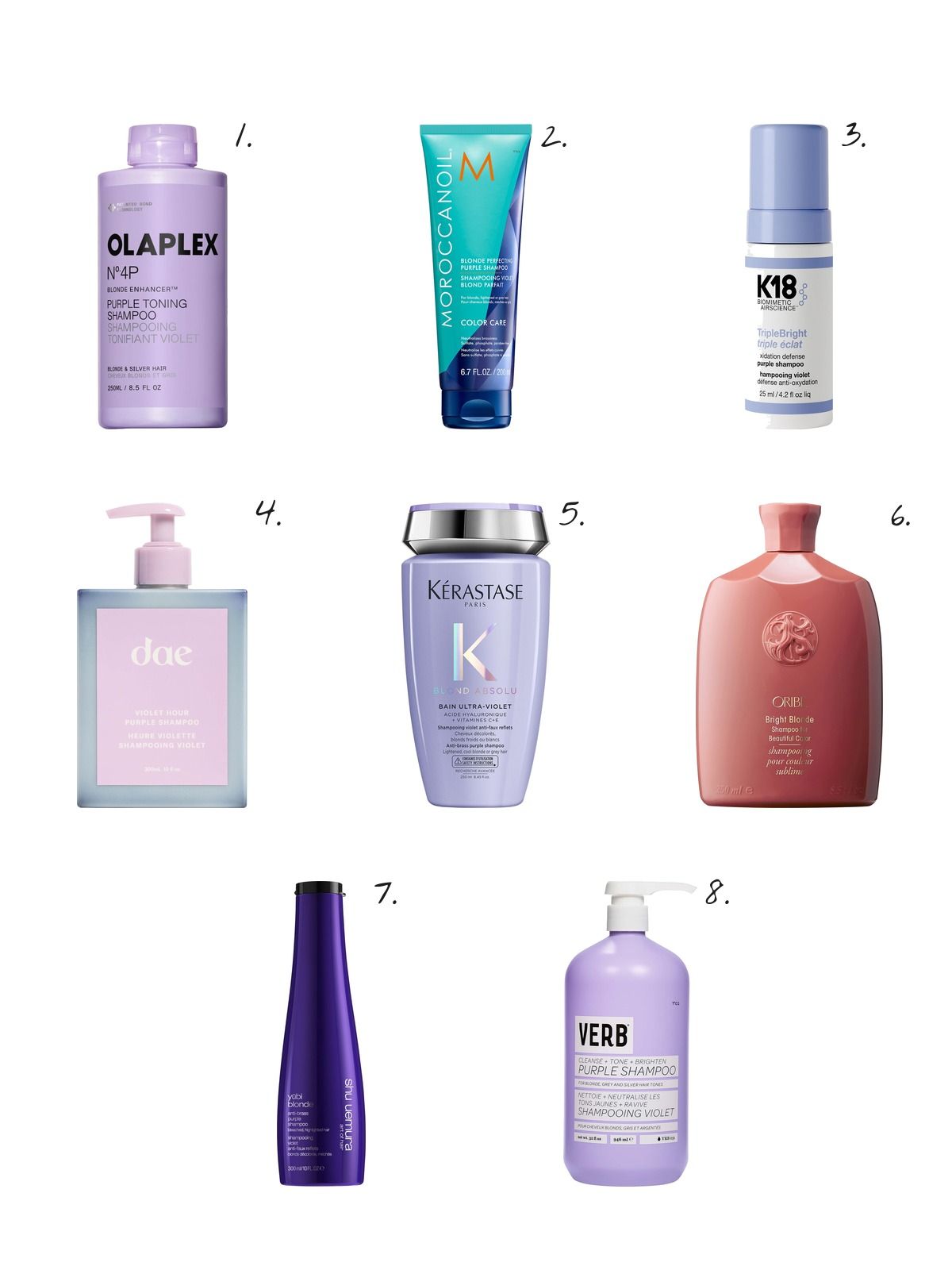 Numbered collage: 1. Olaplex No.4P Hair Brightening & Toning Purple Shampoo; 2. Moroccanoil Blonde Perfecting Purple Shampoo with Argan Oil; 3. K18 Biomimetic Hairscience TripleBright Oxidation Defense Purple Shampoo Foam; 4. dae Violet Hour Purple Shampoo; 5. Kérastase Blond Absolu Anti-Brass Purple Shampoo; 6. Oribe Bright Blonde Purple Shampoo for Blonde & Silver Hair; 7. shu uemura Yūbi Blonde Anti-Brass Purple Shampoo for Blonde Hair; 8. Verb Brightening Purple Shampoo for Blonde Hair