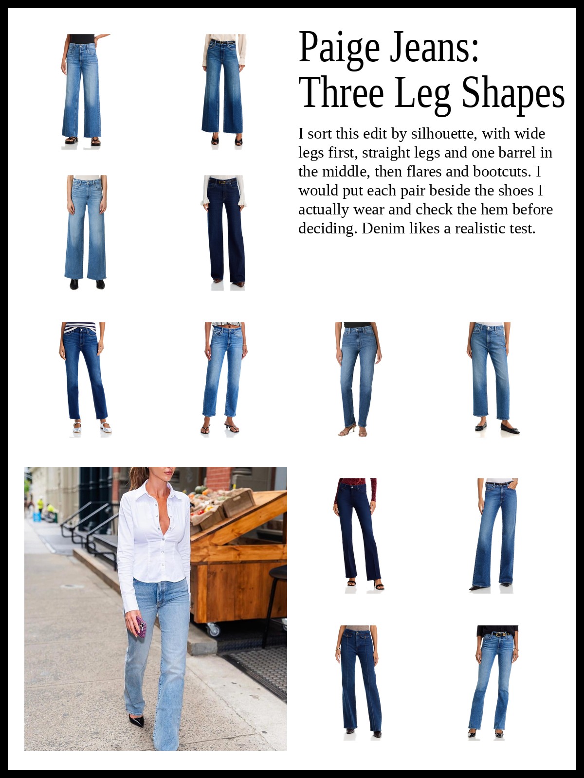 Collage of wide-leg and cropped wide-leg jeans, straight-leg, slim-leg and barrel jeans, plus flare and bootcut jeans