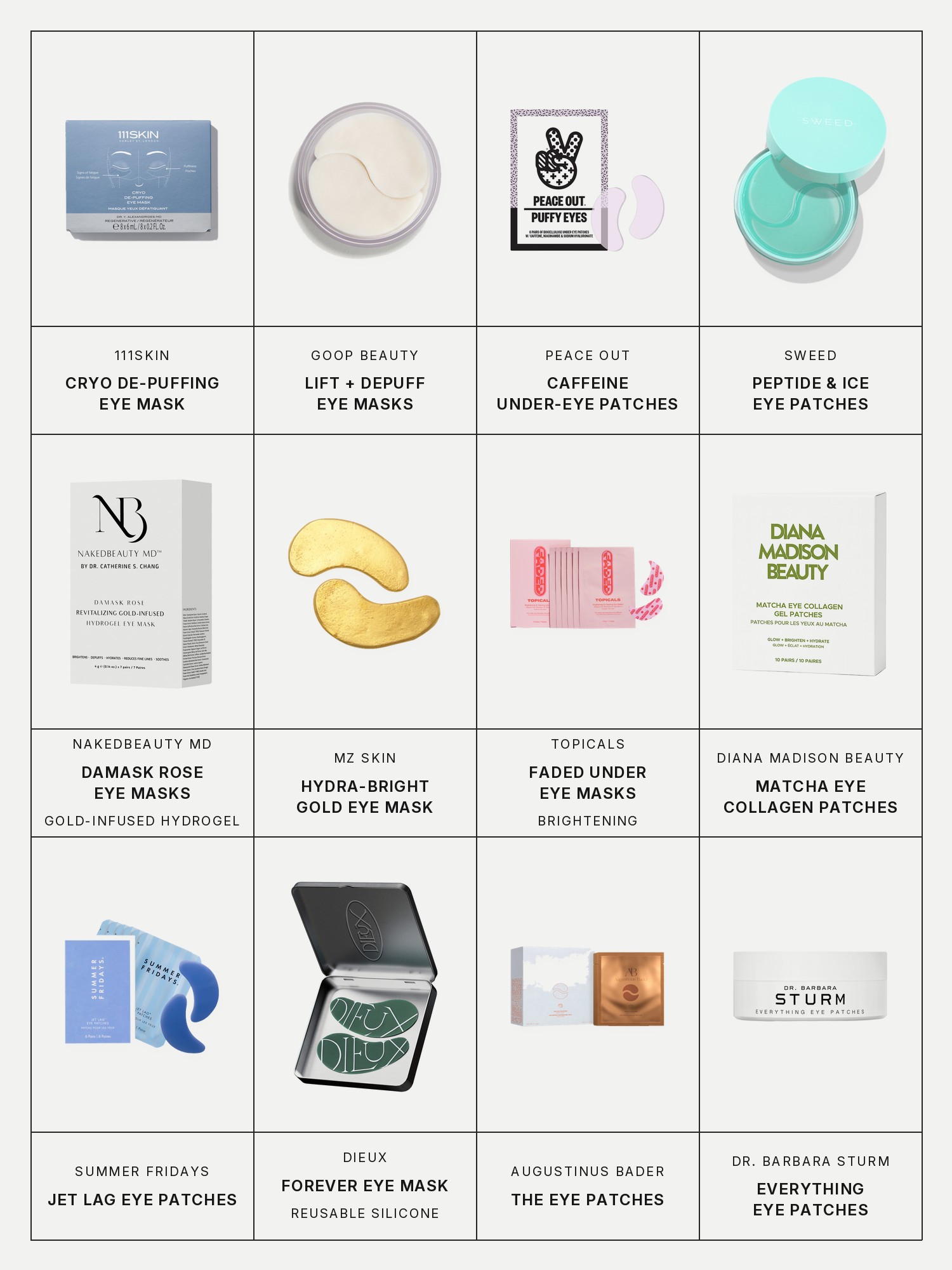 Twelve boxes on a pale grey page, one for each product in this edit, each with its brand and name printed below: 111Skin Cryo De-Puffing Eye Mask, goop Beauty Lift + Depuff Eye Masks, Peace Out Caffeine Under-Eye Patches, Sweed Peptide & Ice Eye Patches, NakedBeauty MD Damask Rose Eye Masks, MZ Skin Hydra-Bright Gold Eye Mask, Topicals Faded Under Eye Masks, Diana Madison Beauty Matcha Eye Collagen Patches, Summer Fridays Jet Lag Eye Patches, Dieux Forever Eye Mask, Augustinus Bader The Eye Patches and Dr. Barbara Sturm Everything Eye Patches.