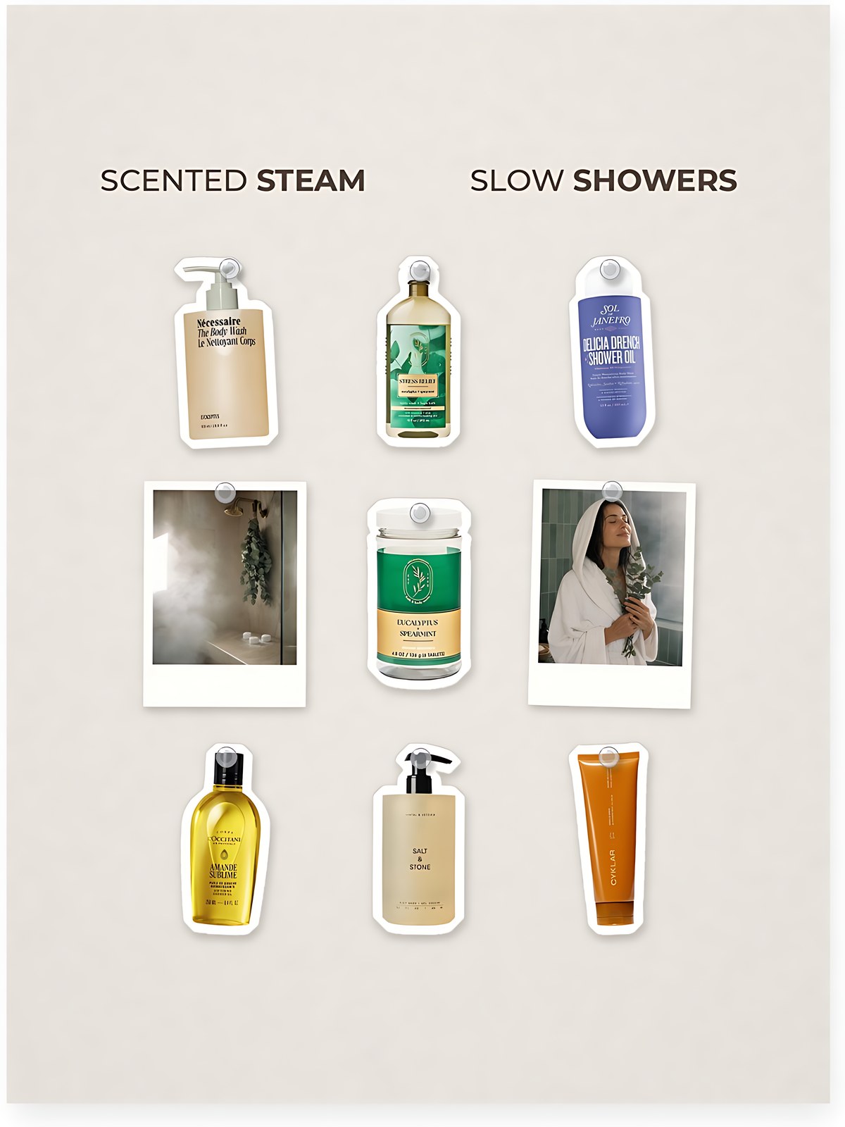 Cut-out product collage with two campaign-style photos: Bath & Body Works Eucalyptus Spearmint Shower Steamers (6 tablets); Nécessaire The Body Wash Eucalyptus with Pump; Bath & Body Works Aromatherapy Eucalyptus Spearmint Body Wash & Foam Bath; Sol de Janeiro Delícia Drench Moisturizing Shower Oil for Dry Skin; L'Occitane Cleansing And Softening Refillable Shower Oil With Almond Oil; Salt & Stone Santal & Vetiver Refillable Skin Softening Body Wash; Cyklar Vanilla Verve In-Shower Body Oil Balm with Ceramides