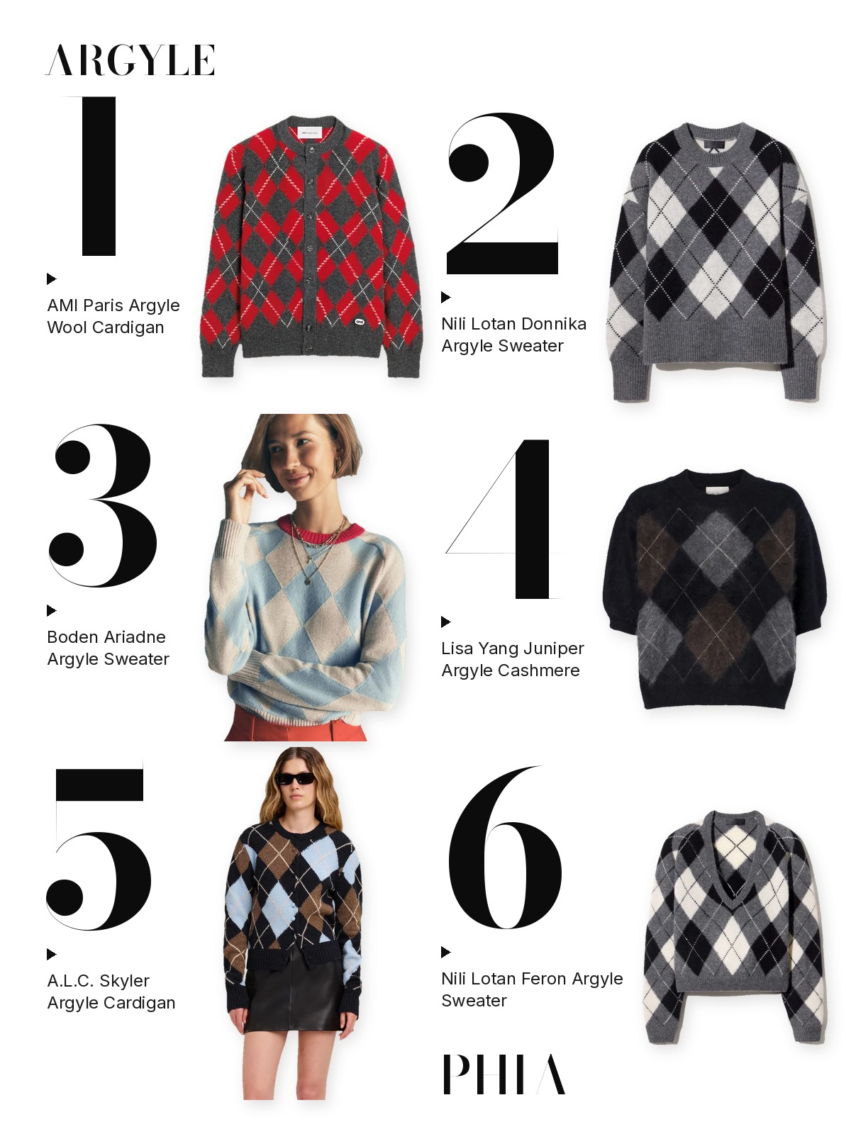 Numbered collage of six argyle from this edit: AMI Paris Argyle Wool Cardigan, Nili Lotan Donnika Argyle Sweater, Boden Ariadne Argyle Sweater, Lisa Yang Juniper Argyle Cashmere, A.L.C. Skyler Argyle Cardigan and Nili Lotan Feron Argyle Sweater.