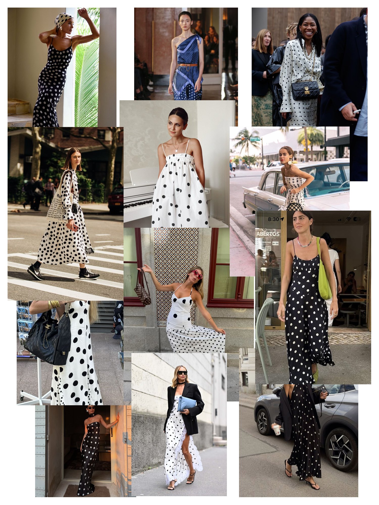 Street-style collage of 12 outfit photos featuring polka dot dress, scattered and overlapping