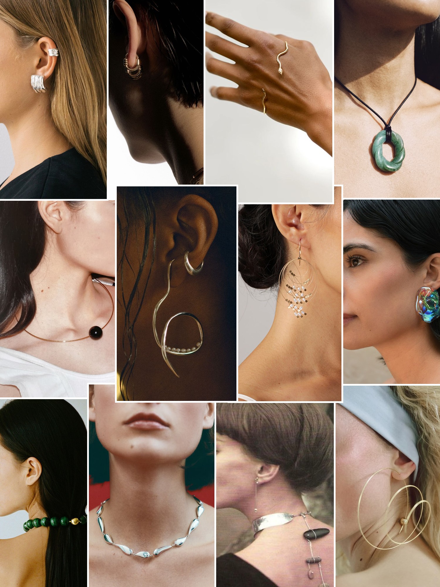 Collage of rings, earrings and layered necklaces worn up close, in the spirit of Vertigo
