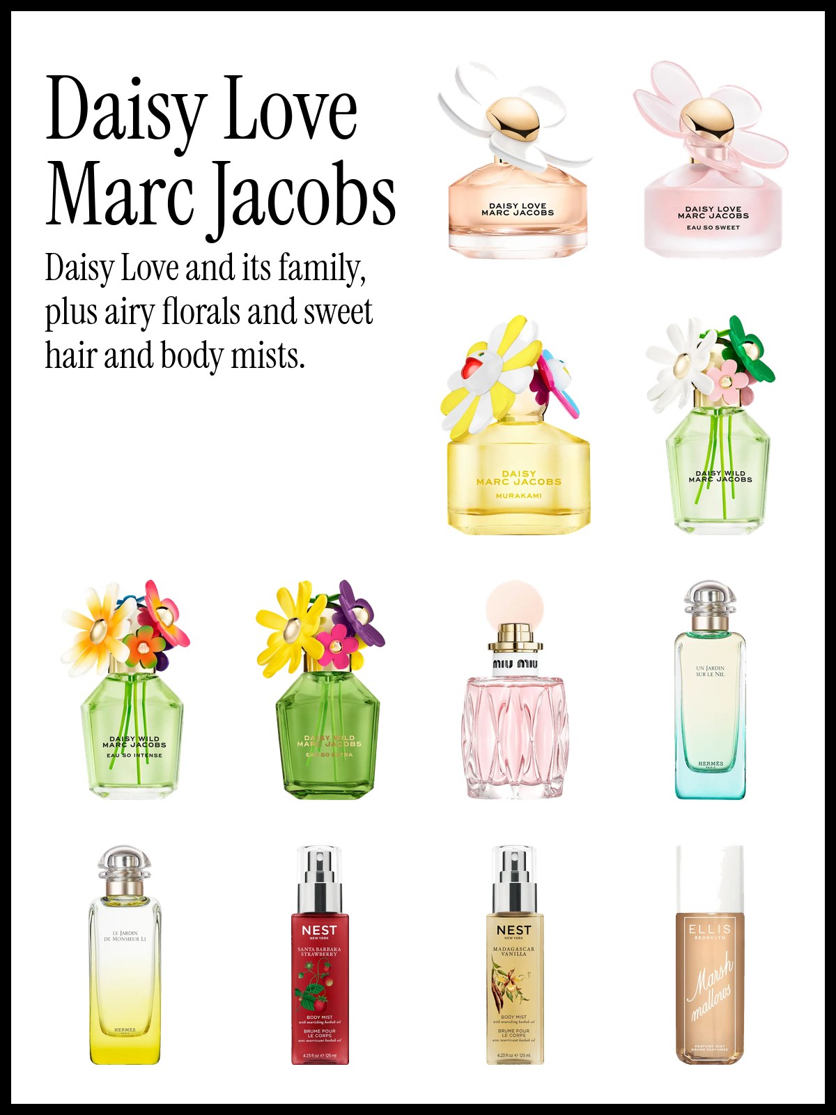 Collage of Marc Jacobs Daisy Love, Daisy Love Eau So Sweet, Daisy Wild, Miu Miu Rosee, Hermès Un Jardin sur le Nil and NEST body mist bottles