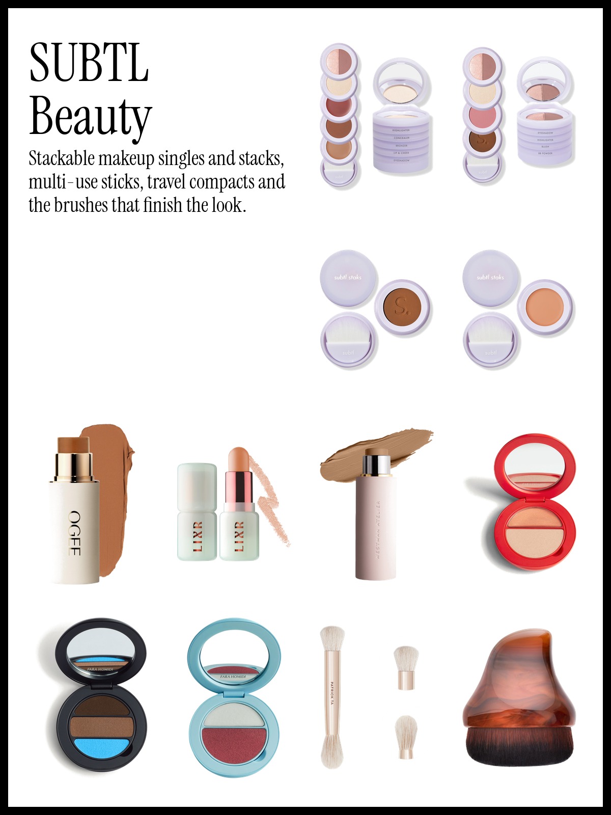 Collage of the SUBTL Beauty 5-in-1 Full Face Makeup Stack, the Ogee Multi-Use Sculpted Foundation and Concealer Stick and the Fara Homidi Essential Face Compact