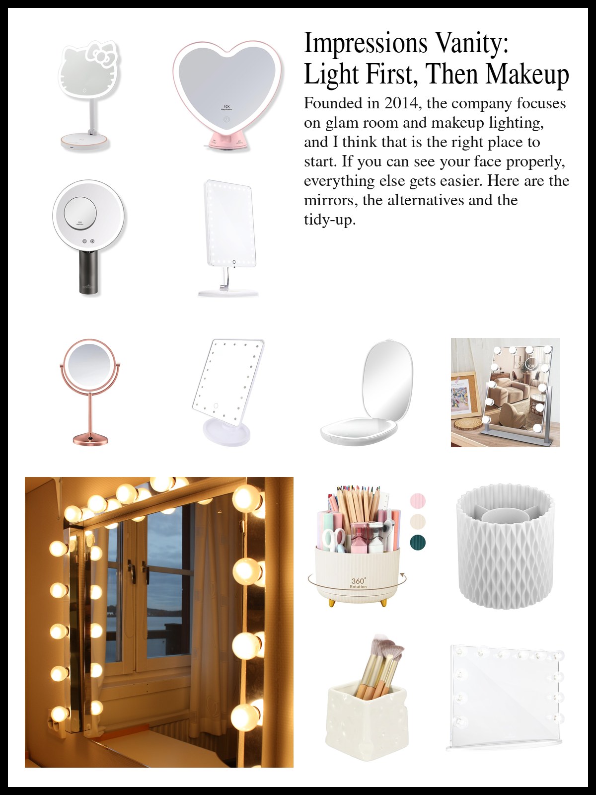 Collage of Impressions Vanity lighted mirrors, LED makeup mirrors from other brands and rotating brush organizers beside a mood photo of a vanity mirror ringed with glowing bulbs.