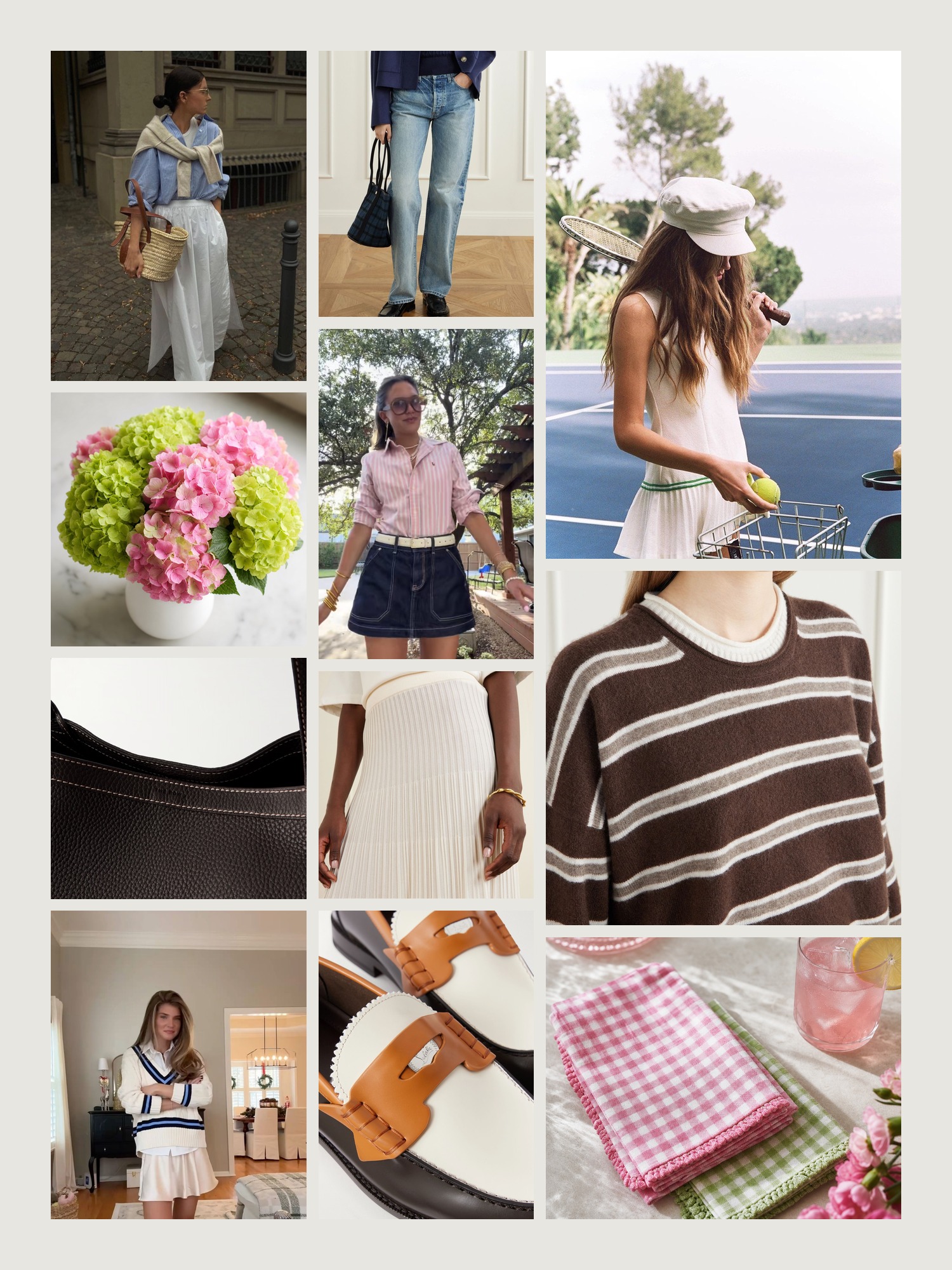 Mood board of preppy style in kelly green and pink