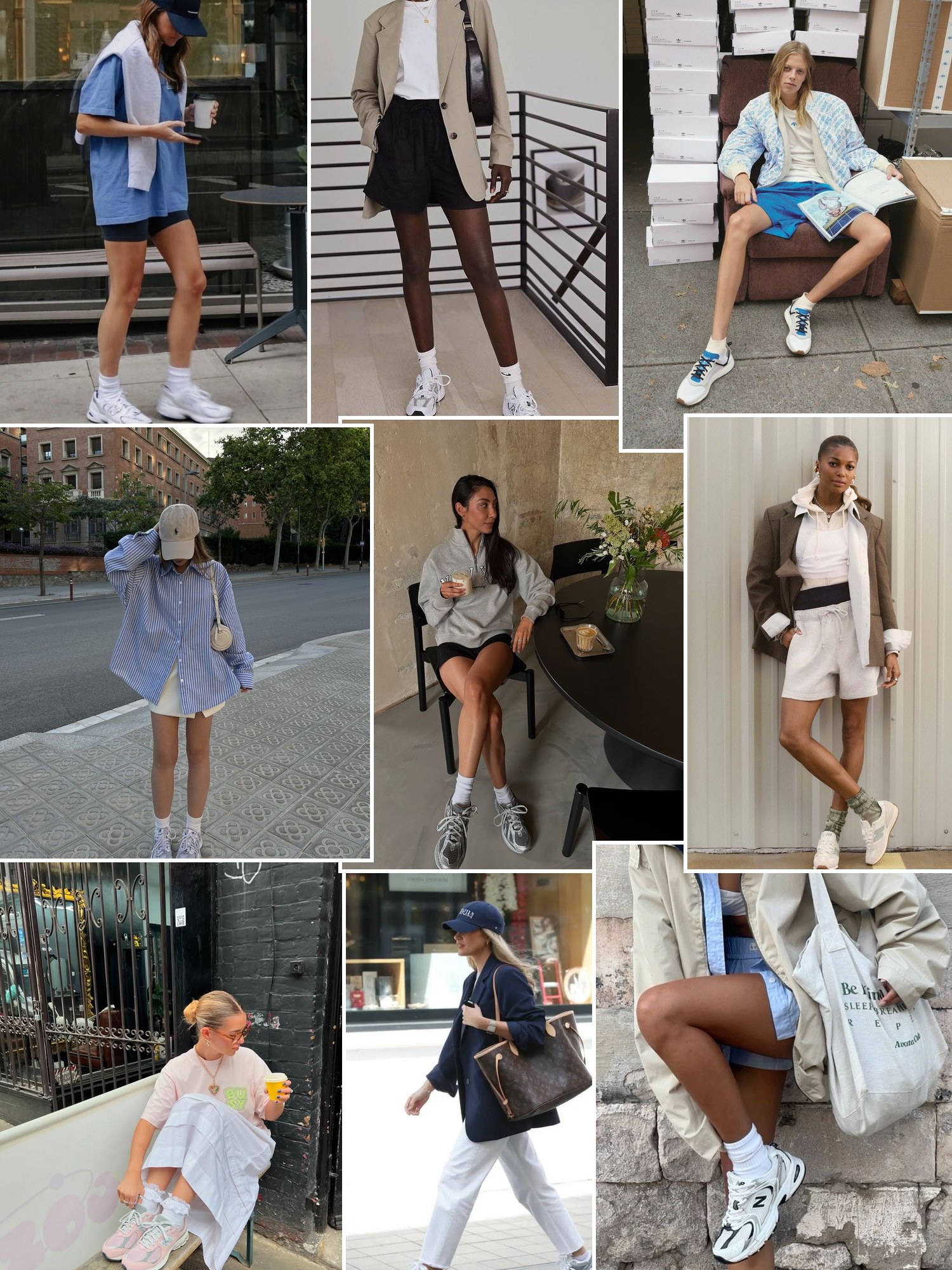 Collage of city walking outfits with comfortable sneakers