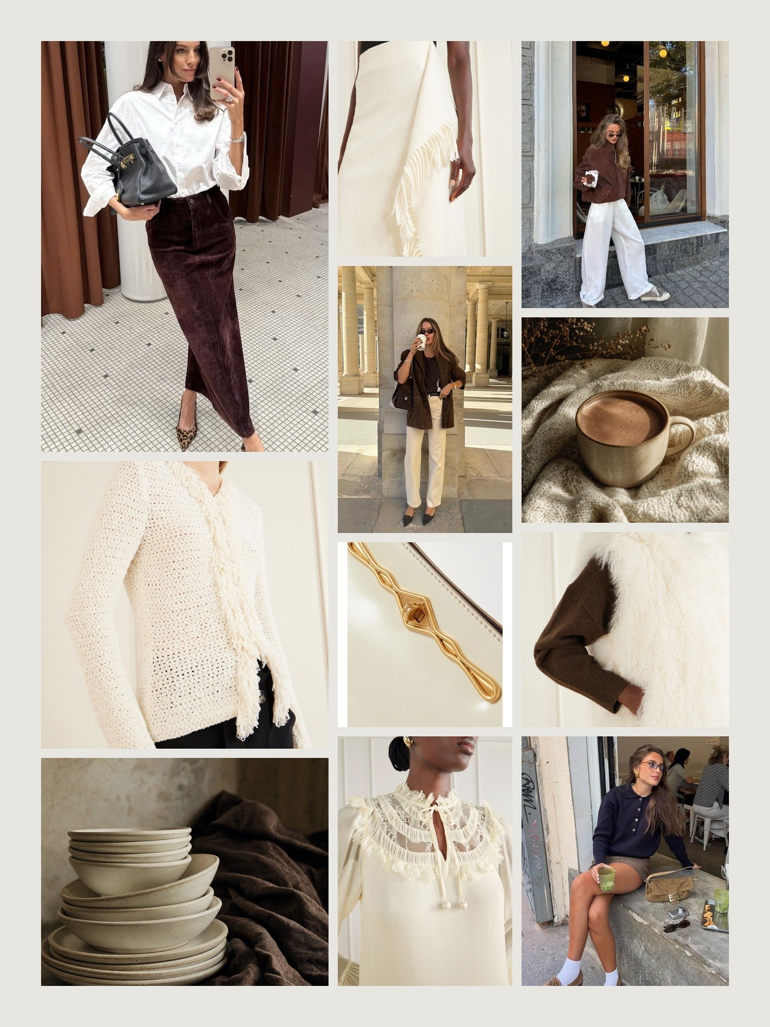 Mood board for cream and chocolate brown outfits: four street-style photos of women wearing cream and chocolate brown, close-ups of the Proenza Schouler wool-blend cardigan, the Lanvin midi skirt, the Métier glossed-leather clutch, the Sea maxi dress and the Yves Salomon shearling gilet from this edit, and two still lifes in both colors