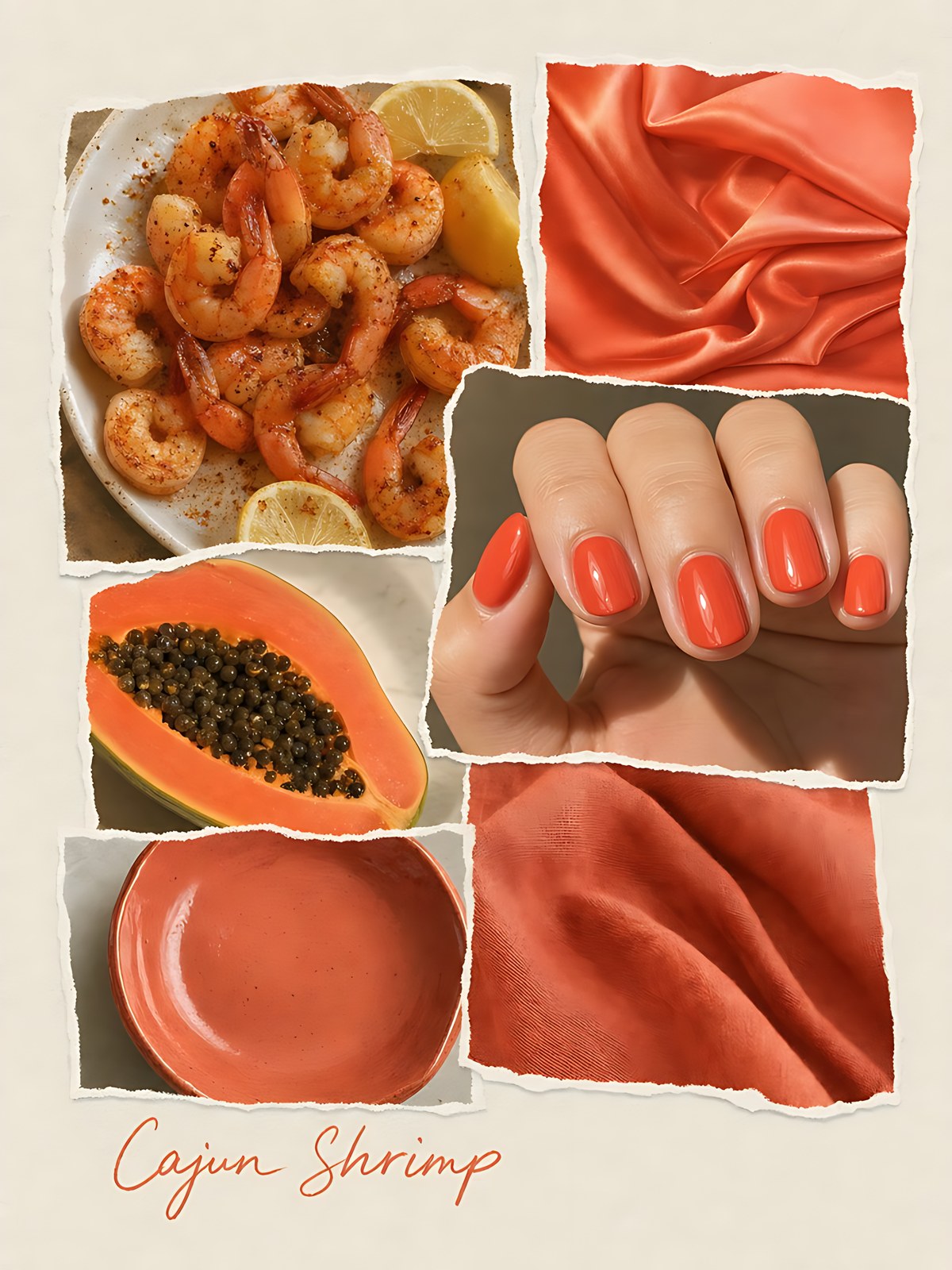 Illustrated collage of cajun shrimp nails looks