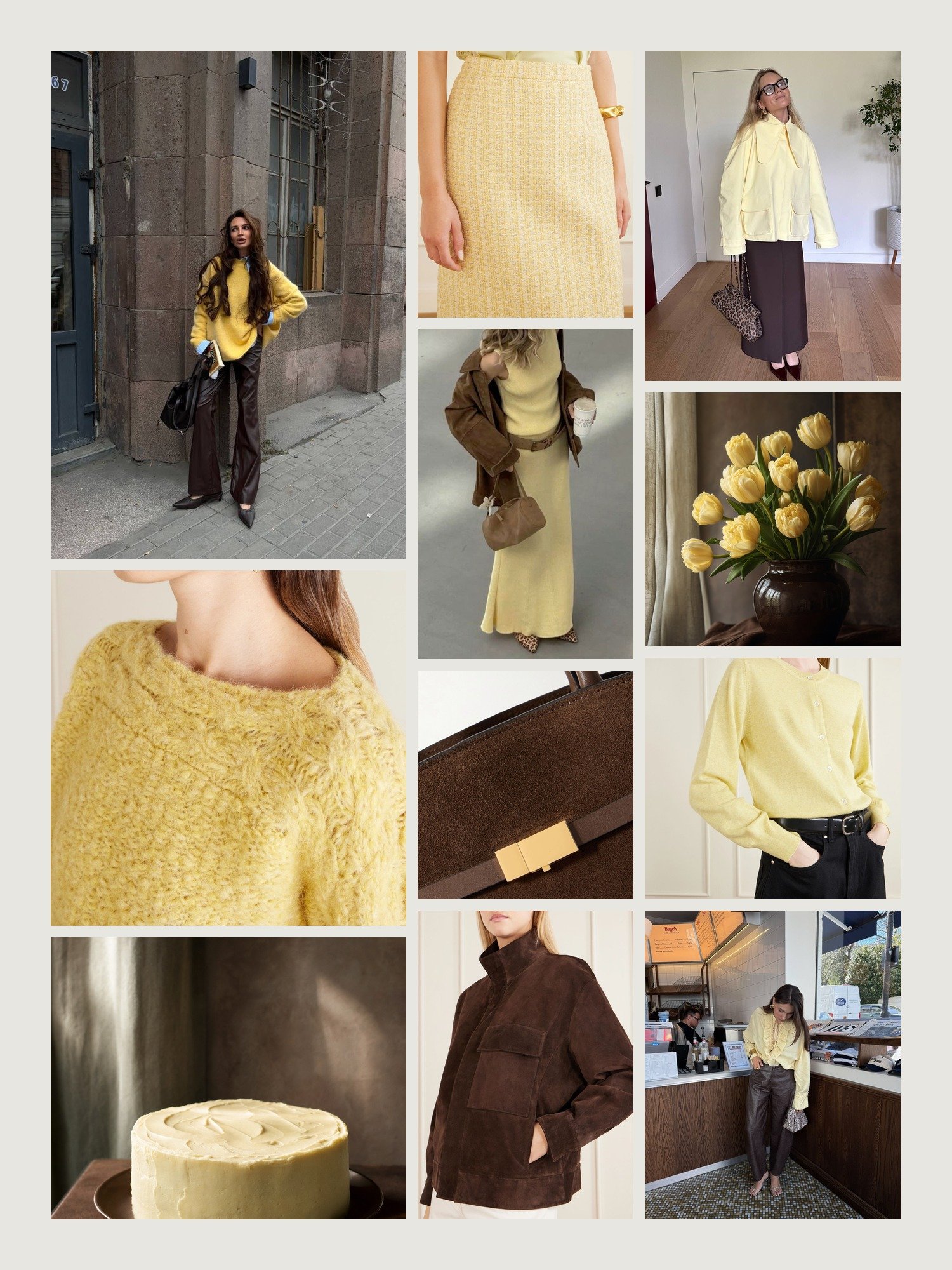 Mood board for butter yellow and chocolate brown outfits: four street-style photos of women wearing butter yellow and chocolate brown, close-ups of the Isabel Marant bouclé sweater, the Alessandra Rich midi skirt, the Demellier suede tote, the Nili Lotan suede jacket and the &Daughter cotton-blend cardigan from this edit, and two still lifes in both colors