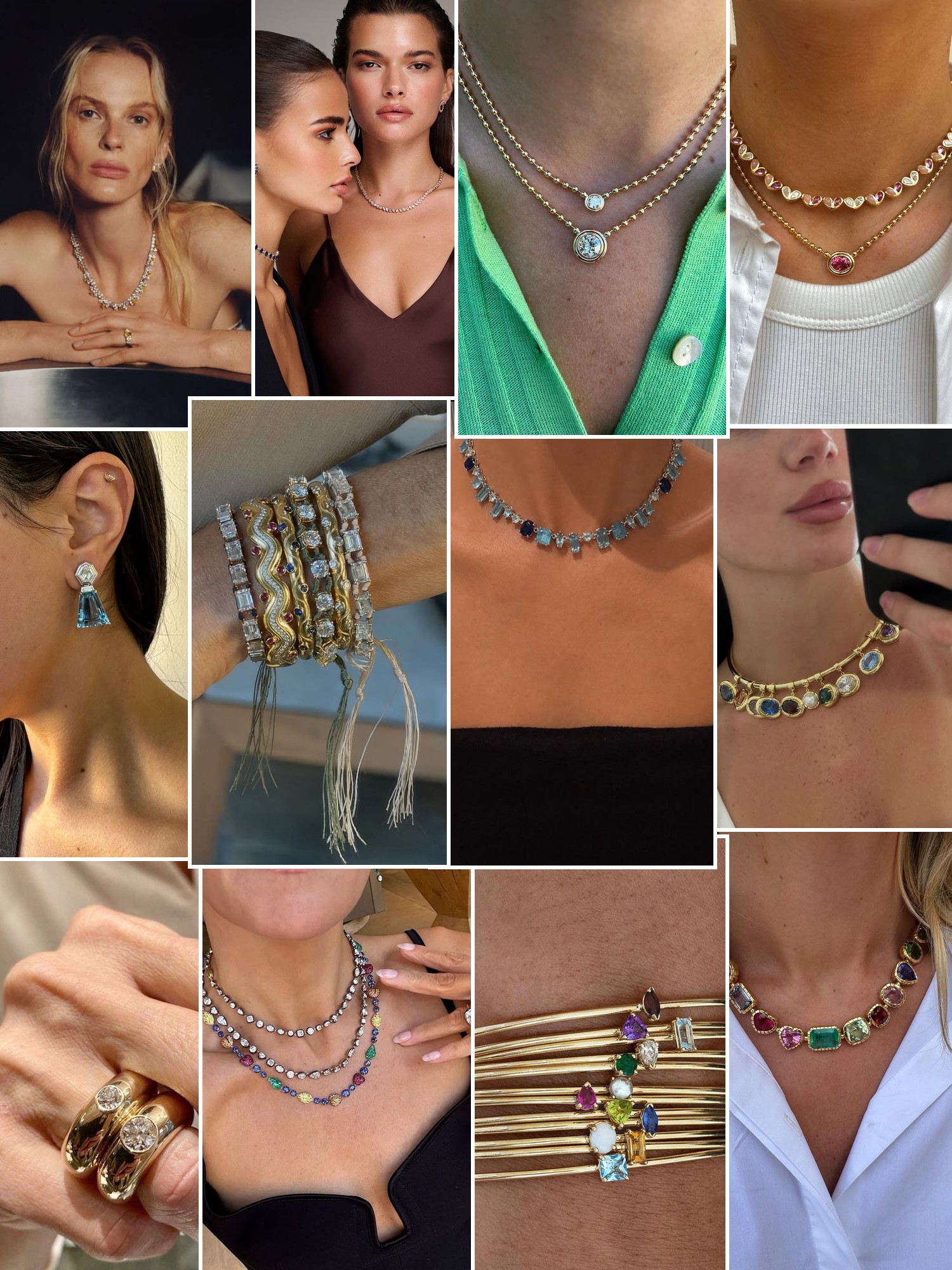 Collage of rings, earrings and layered necklaces worn up close, in the spirit of Gemella Jewels