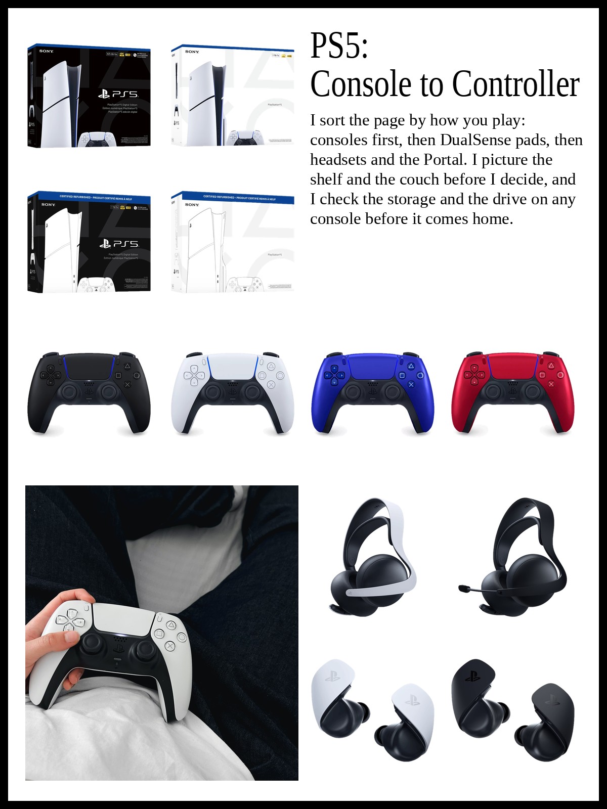 Collage of PS5 consoles and bundles, DualSense controllers, and headsets, earbuds and accessories, and a mood photo of a white DualSense controller held on a lap