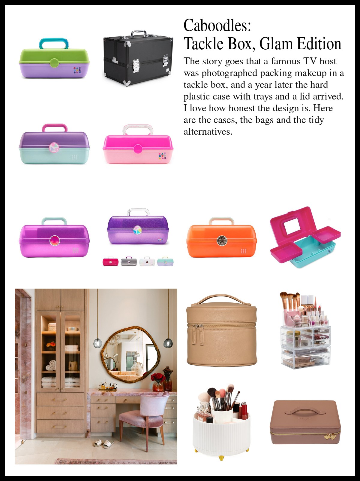 Collage of Caboodles makeup cases and sparkly bags, travel vanity bags and rotating organizers beside a mood photo of a pale wood vanity with a pink chair.