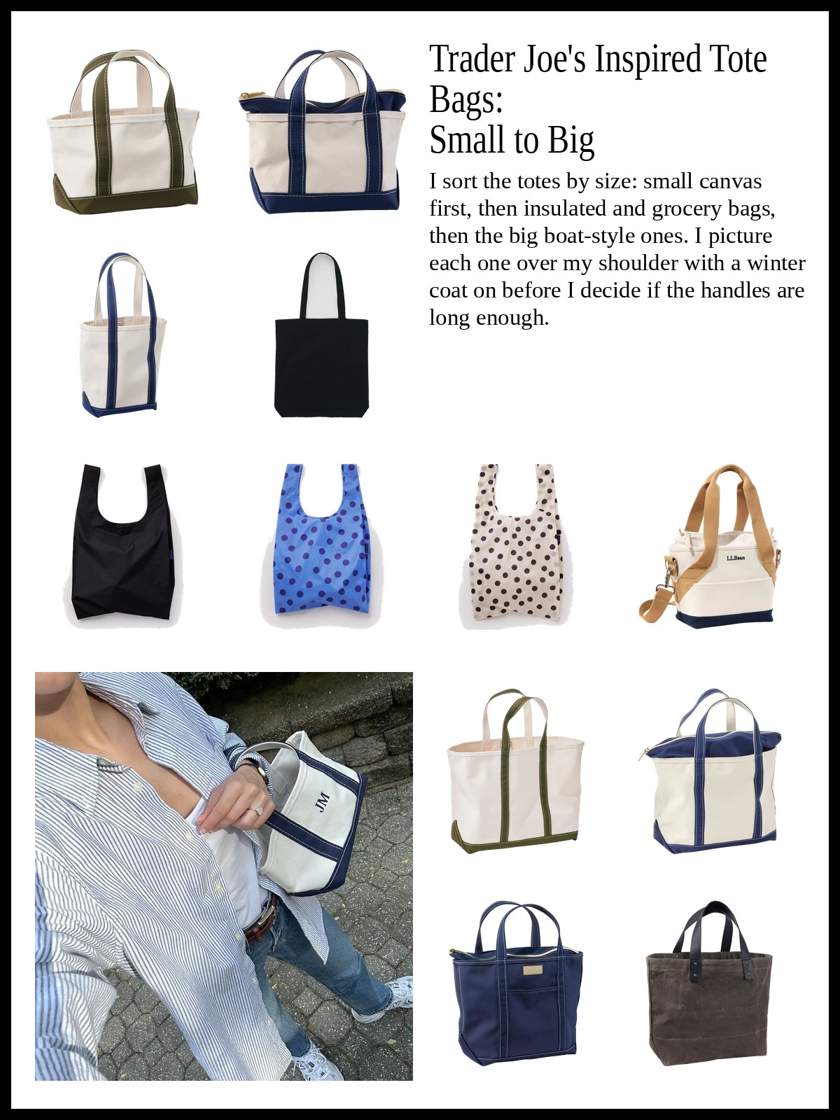 Collage of small canvas totes with contrast handles, insulated and folding grocery totes, and large boat-style canvas totes, and a mood photo of a canvas tote with navy handles carried with a striped shirt