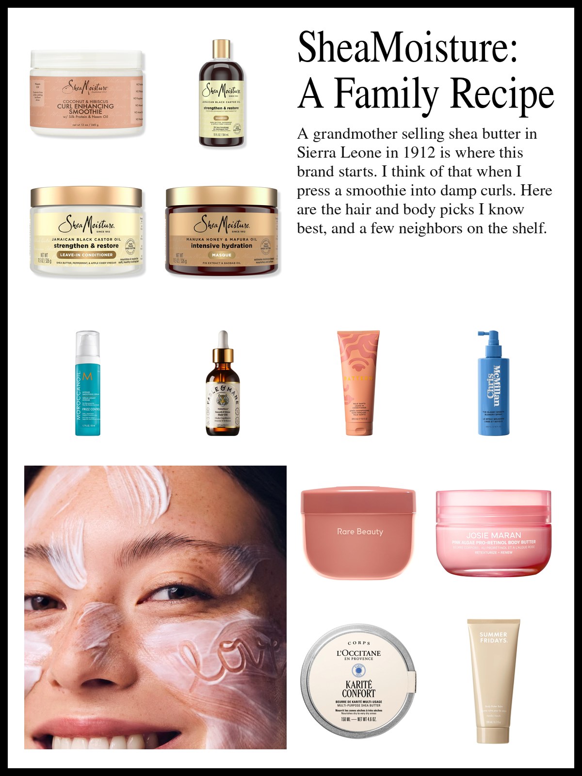 Collage of curl creams, hair masks, smoothing serums and body butters beside a close-up of a smiling woman with freckles and thick white cream swiped across her forehead, nose and cheek, with the word love written in it.