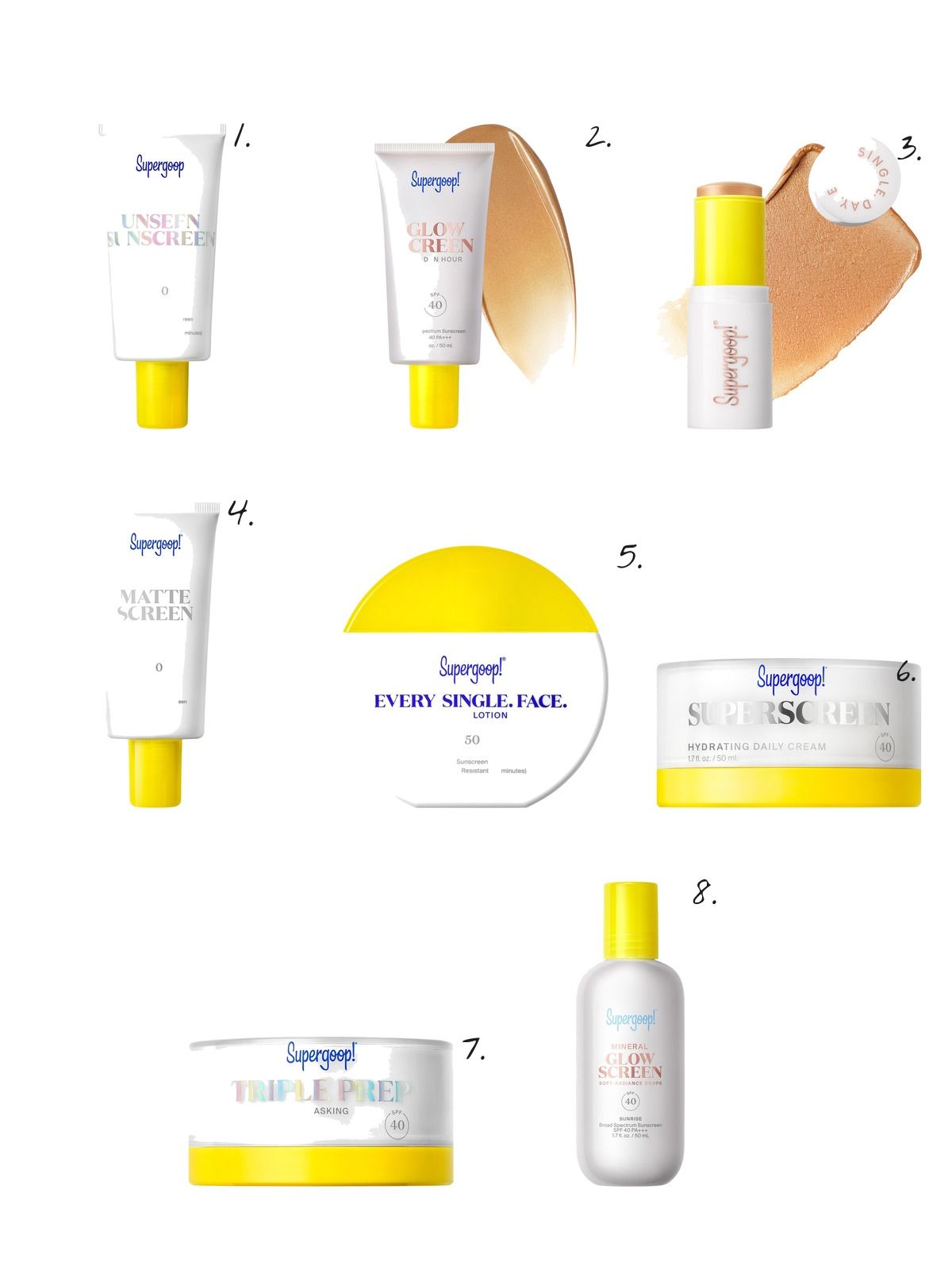 Numbered collage: 1. Supergoop! Unseen Sunscreen Invisible Broad Spectrum SPF 50 PA +++; 2. Supergoop! Glowscreen SPF 40 Sunscreen with Hyaluronic Acid + Niacinamide; 3. Supergoop! Glowscreen Sunlighter Glow & Protect Stick SPF 45; 4. Supergoop! 100% Mineral Mattescreen Sunscreen SPF 40; 5. Supergoop! Every. Single. Face. Watery Lotion Sunscreen SPF 50; 6. Supergoop! Superscreen Rich Hydrating Cream SPF 40 Moisturizer Face Sunscreen; 7. Supergoop! Triple Prep Weightless Multitasking Moisturizer SPF 40 Face Sunscreen; 8. Supergoop! Glowscreen Soft-Radiance Drops Mineral SPF 40