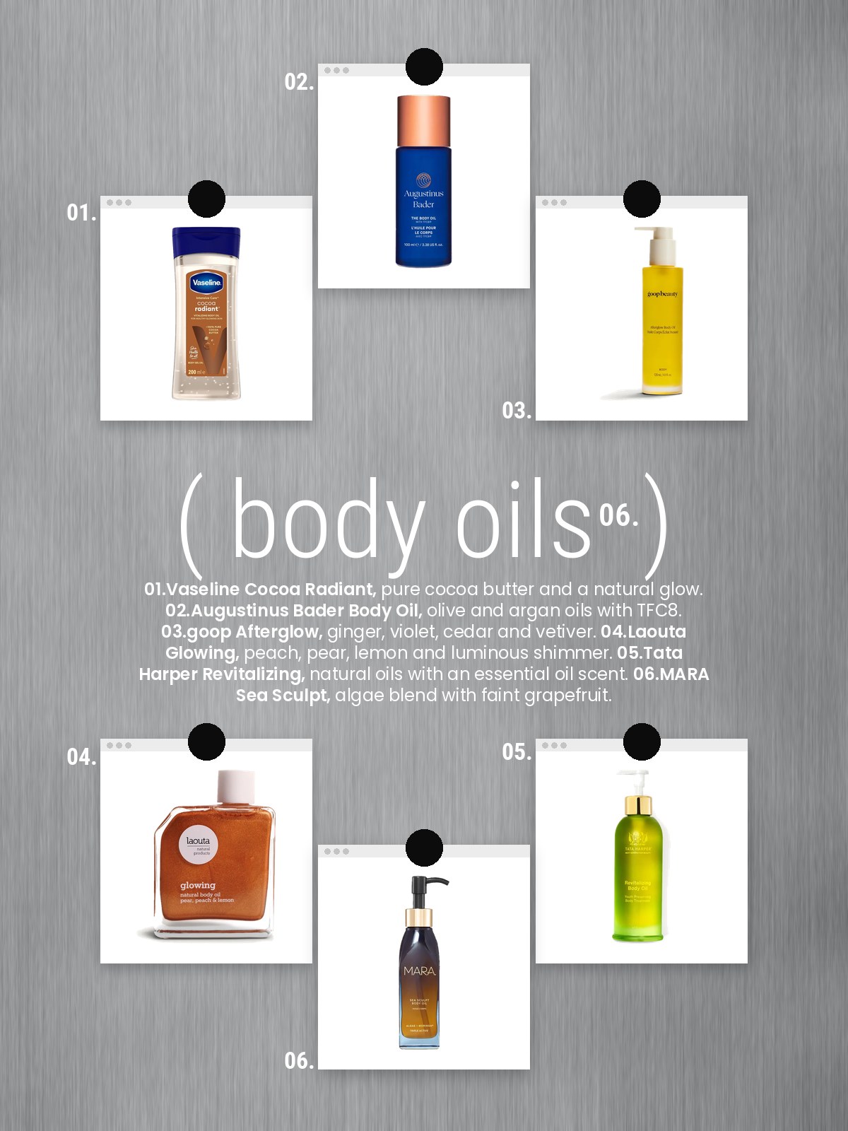 Loved lately cards collage featuring Vaseline, Augustinus Bader, goop, Laouta, Tata Harper, and MARA body oils.