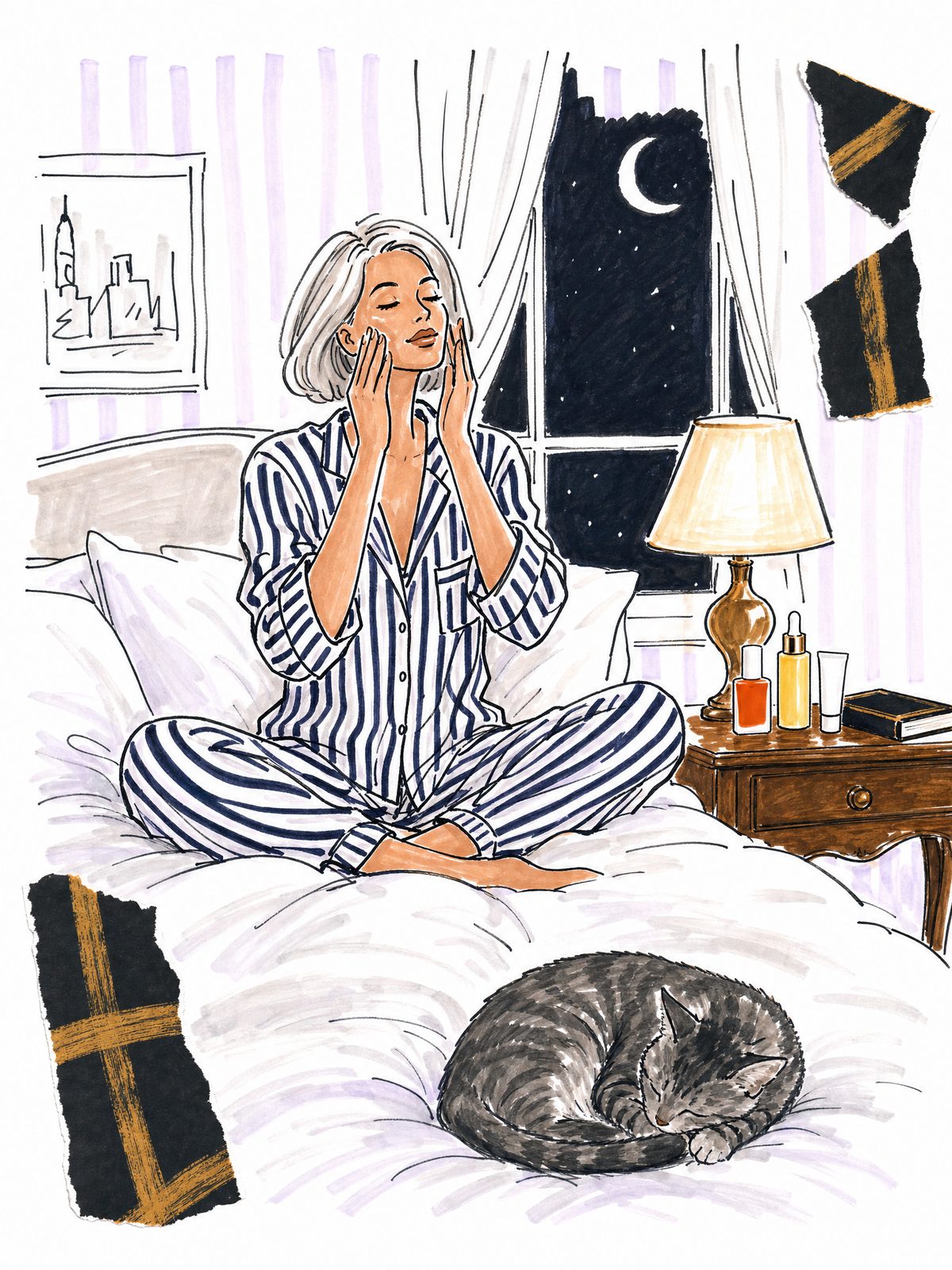 Illustration of a silver-haired woman in striped pajamas sitting cross-legged on a white duvet, pressing face oil into her cheeks, with oil bottles and a sleeping mask tube on the nightstand and a tabby cat asleep on the bed
