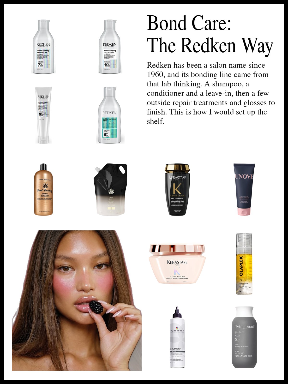 Collage of bonding shampoos, conditioners, hair masks and shine serums beside a photo of a woman with long, straight, glossy brown hair, rosy cheeks and pink nails, holding a blackberry to her lips.