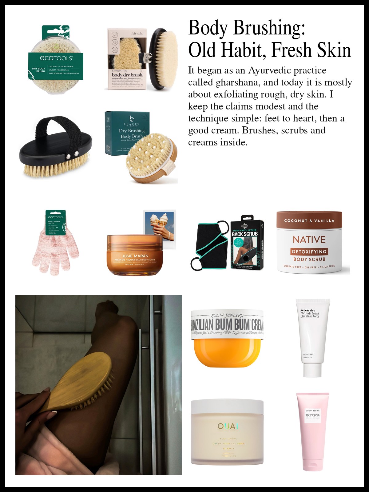 Collage of wooden body brushes, exfoliating gloves, sugar scrubs and body creams beside a photo of a folded white towel and a wooden brush on a bathroom stool, and a mood photo of a wooden brush swept over a leg.