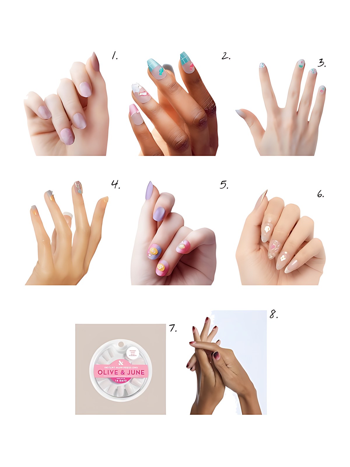 Numbered collage: 1. KISS Kiss Nail Drip Press On Glue Nails - Americano Drip; 2. KISS Kiss Nail Drip Sweet Shop Press On Glue Nails - Straight Drippin; 3. KISS Kiss Nail Drip Sweet Shop Press On Glue Nails - Hot Drip; 4. KISS Kiss Nail Drip Press On Glue Nails - Drip Drip Drip; 5. KISS Kiss Nail Drip Sweet Shop Press On Glue Nails - Drip Shine; 6. KISS Kiss Nail Drip Press On Glue Nails - SOS Drip; 7. Olive & June Milky 3D Bubbles - Press-On | Short | Squoval; 8. ohora N Blood Drop