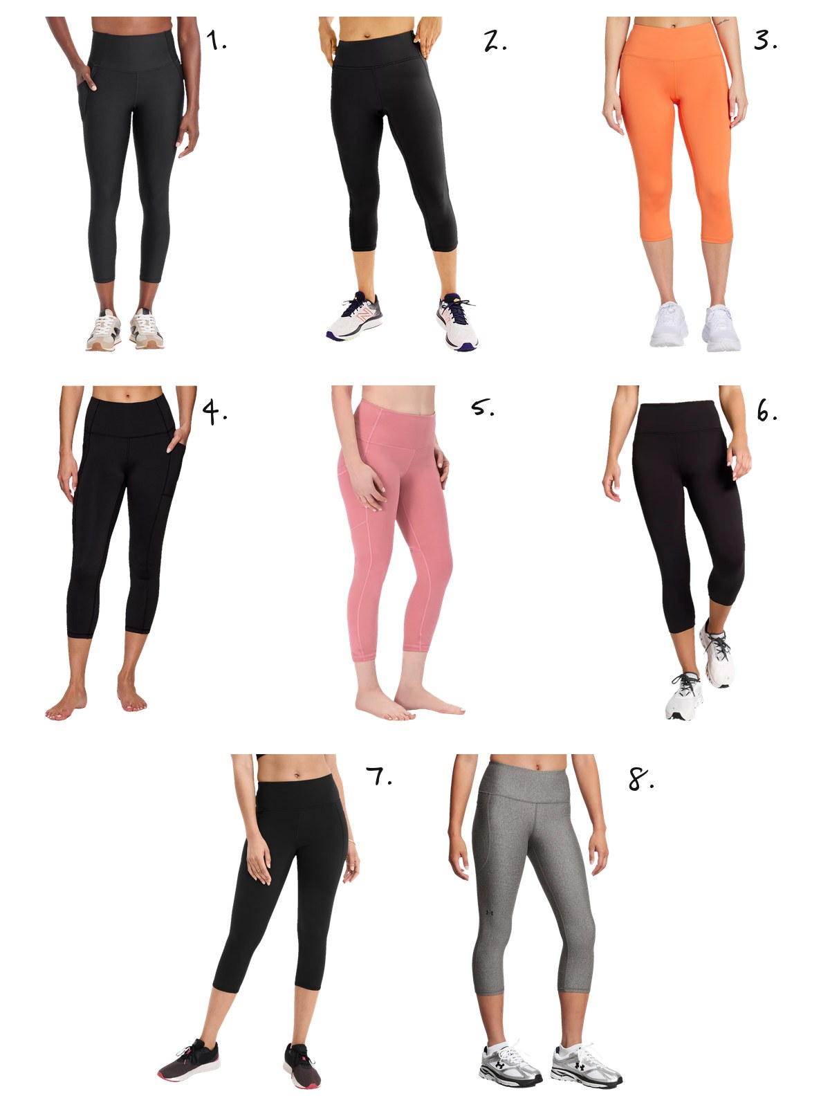 Numbered collage of eight capri leggings with pockets under $45: All In Motion, Tek Gear, DSG, RBX, Rocky, Jockey and Under Armour.