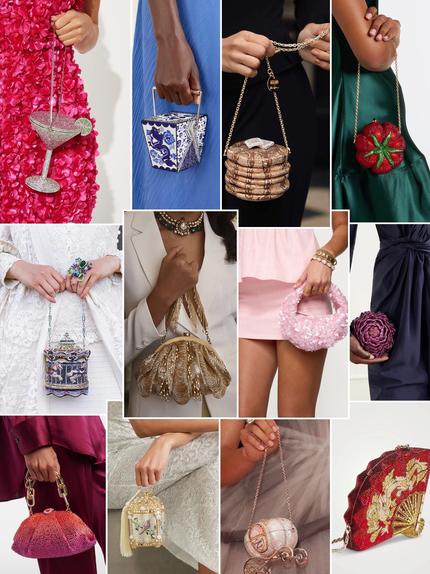 Collage of handbags carried with polished city outfits that capture the Judith Leiber Couture mood