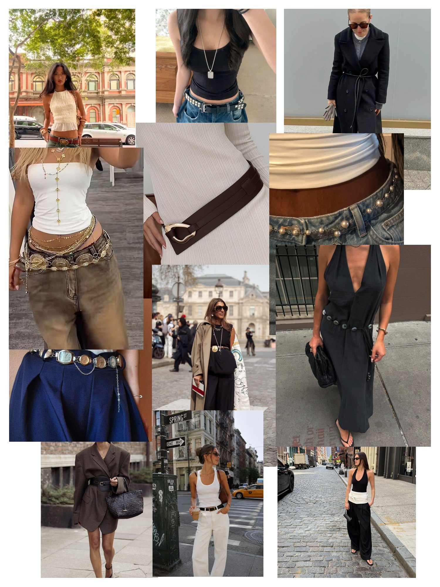 Street-style collage of 12 outfit photos featuring belt, scattered and overlapping