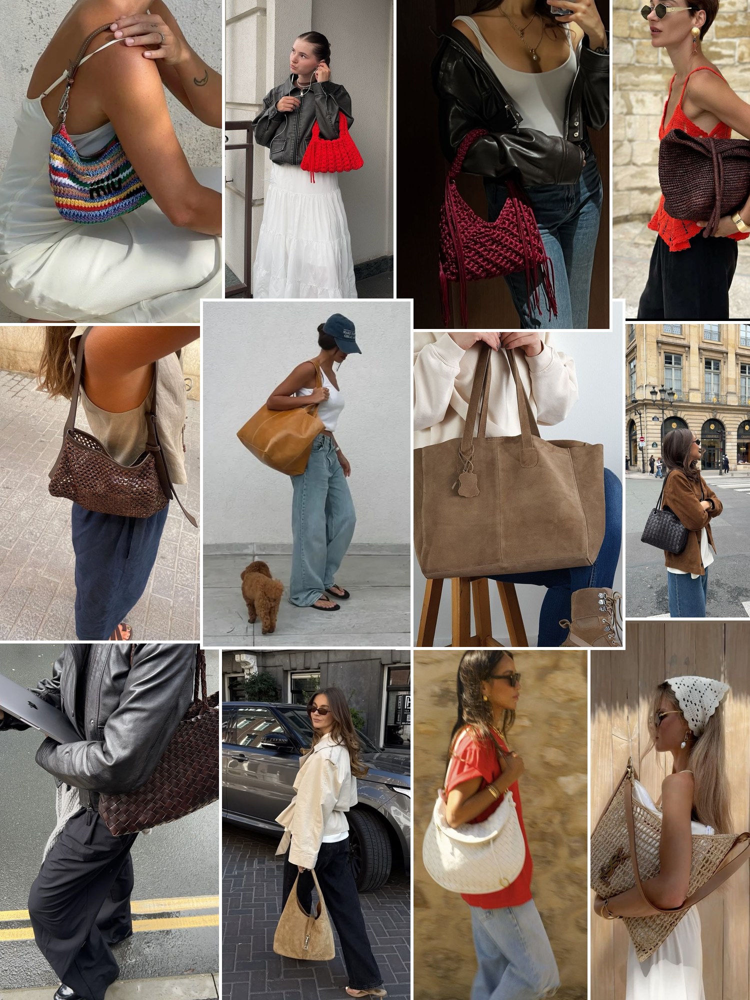 Collage of everyday outfits built around The Sak bags