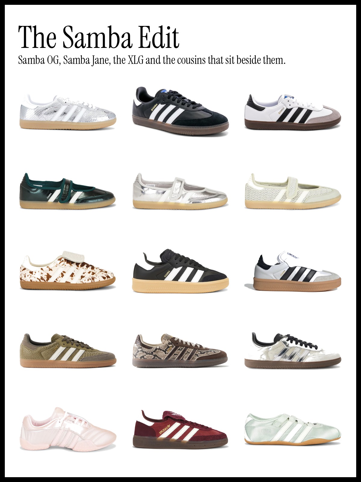 Collage of adidas Samba sneakers including Samba OG pairs, Samba Jane styles, a cow print Samba, snake-effect Sambas and Handball Spezial cousins