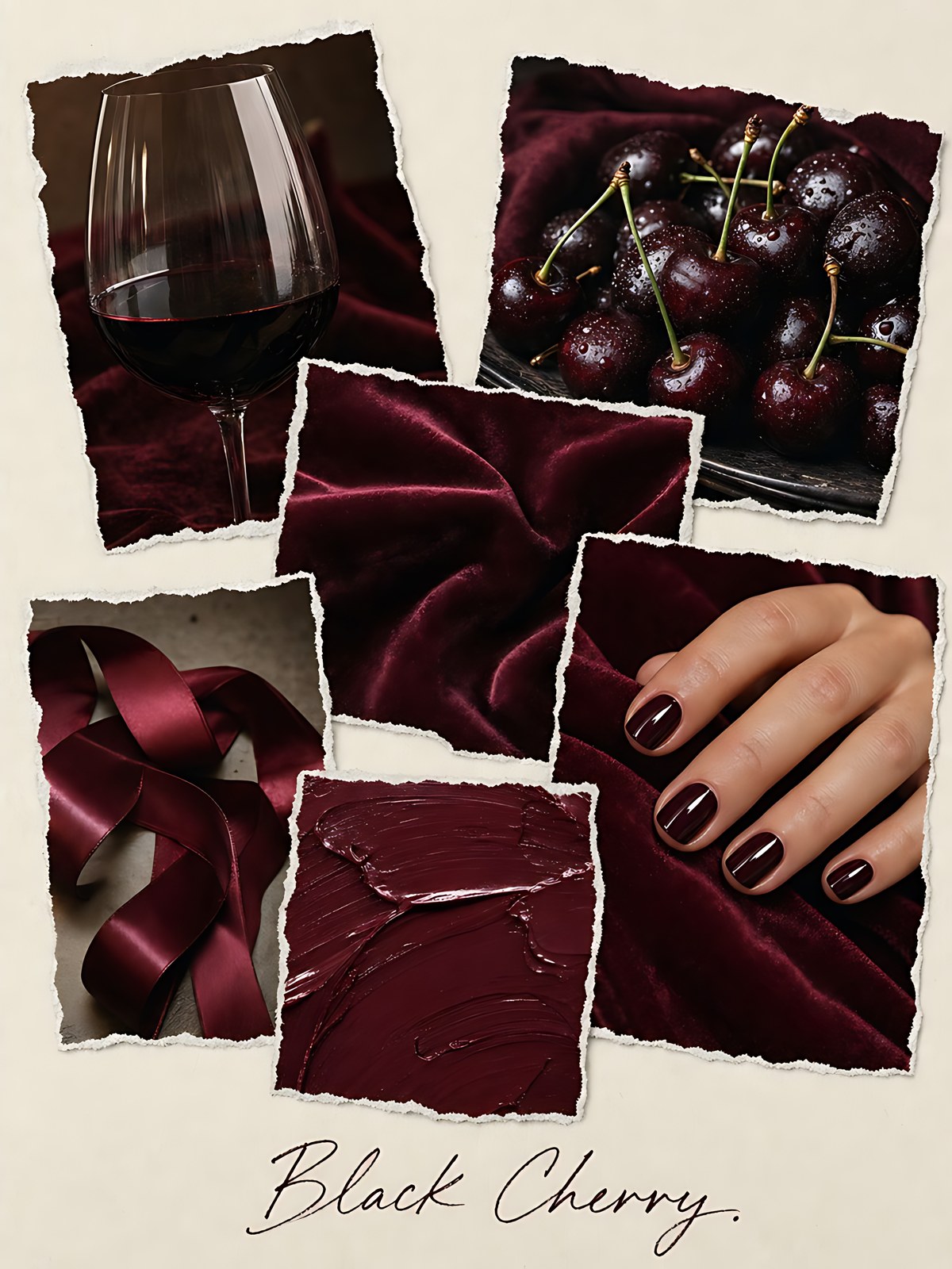Illustrated collage of black cherry nail polish looks