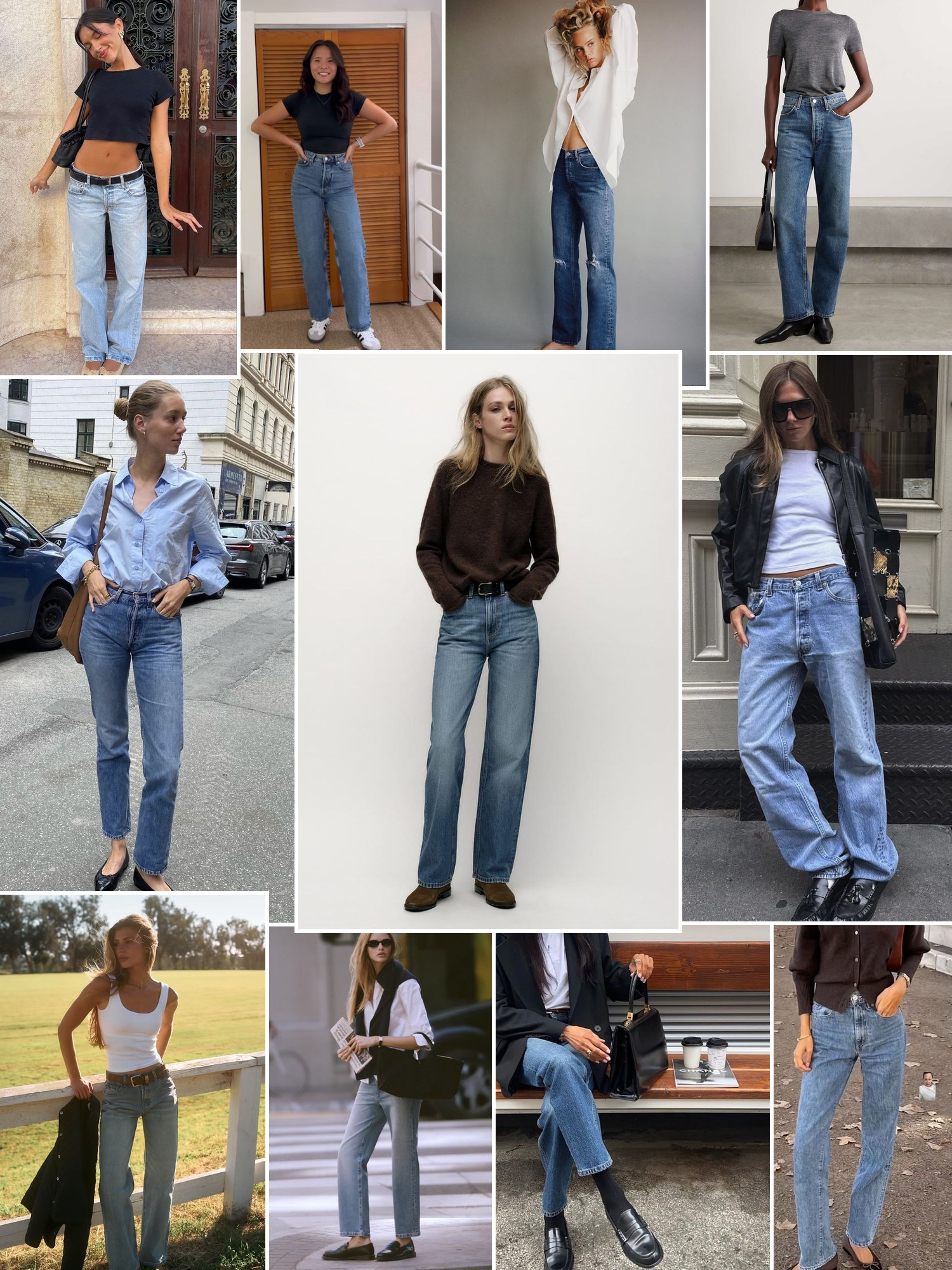 Collage of straight leg Levi's jeans with loafers and coats