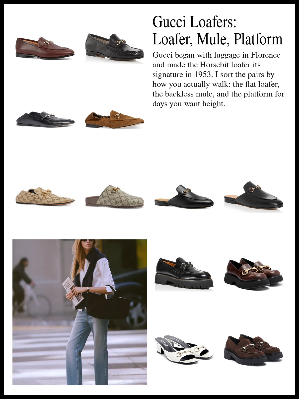 Collage of Gucci Horsebit loafers in leather, suede and GG canvas, flat backless mules and slippers, and platform loafers and heeled mules, and a mood photo of a woman crossing a city street in a white shirt, black vest, straight jeans and black loafers.