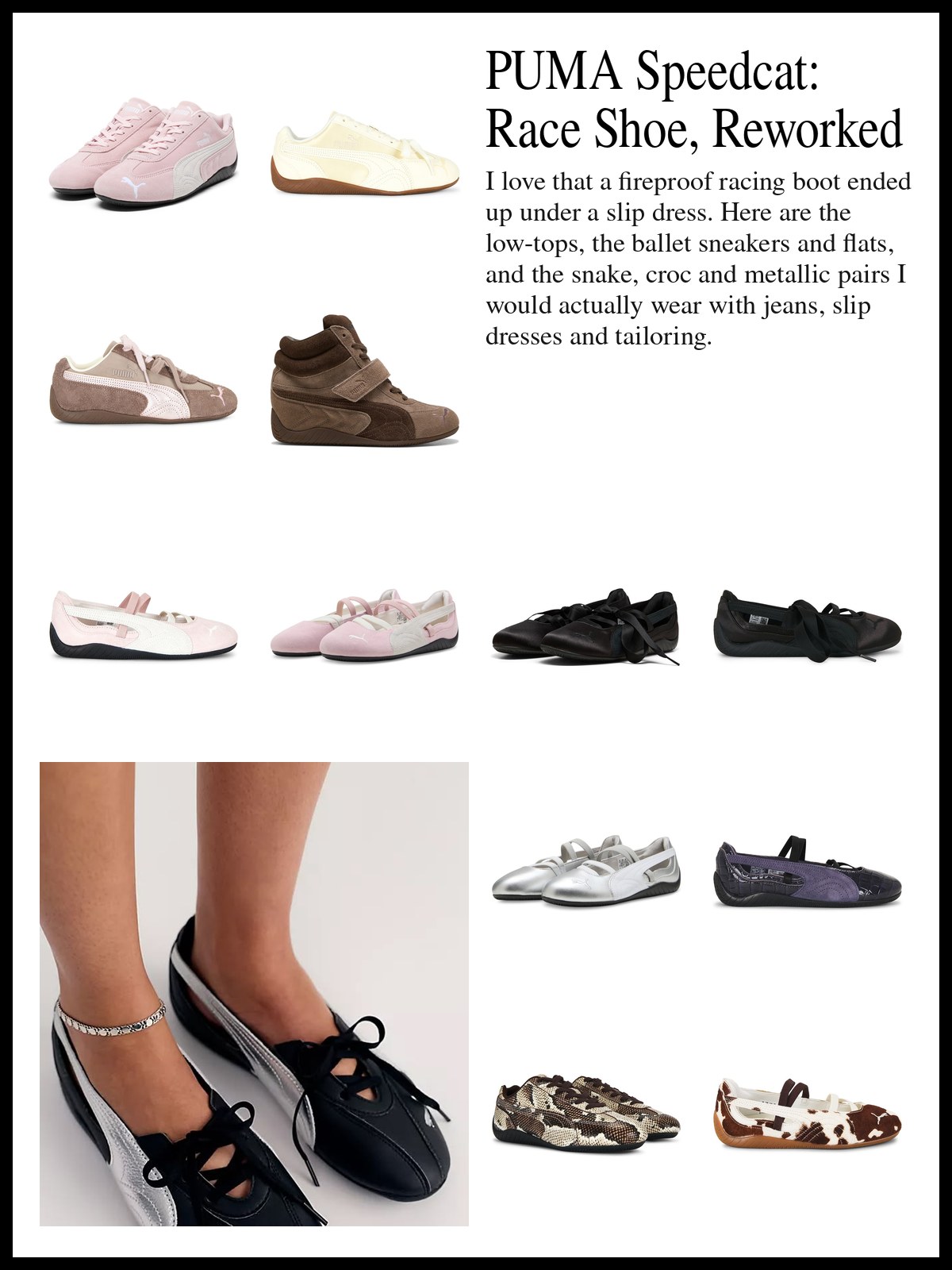 A collage of PUMA Speedcat low-top sneakers, ballet sneakers, ballet flats and snake, croc and metallic Speedcats, and a mood photo of black and white PUMA Speedcat ballet sneakers with an anklet.