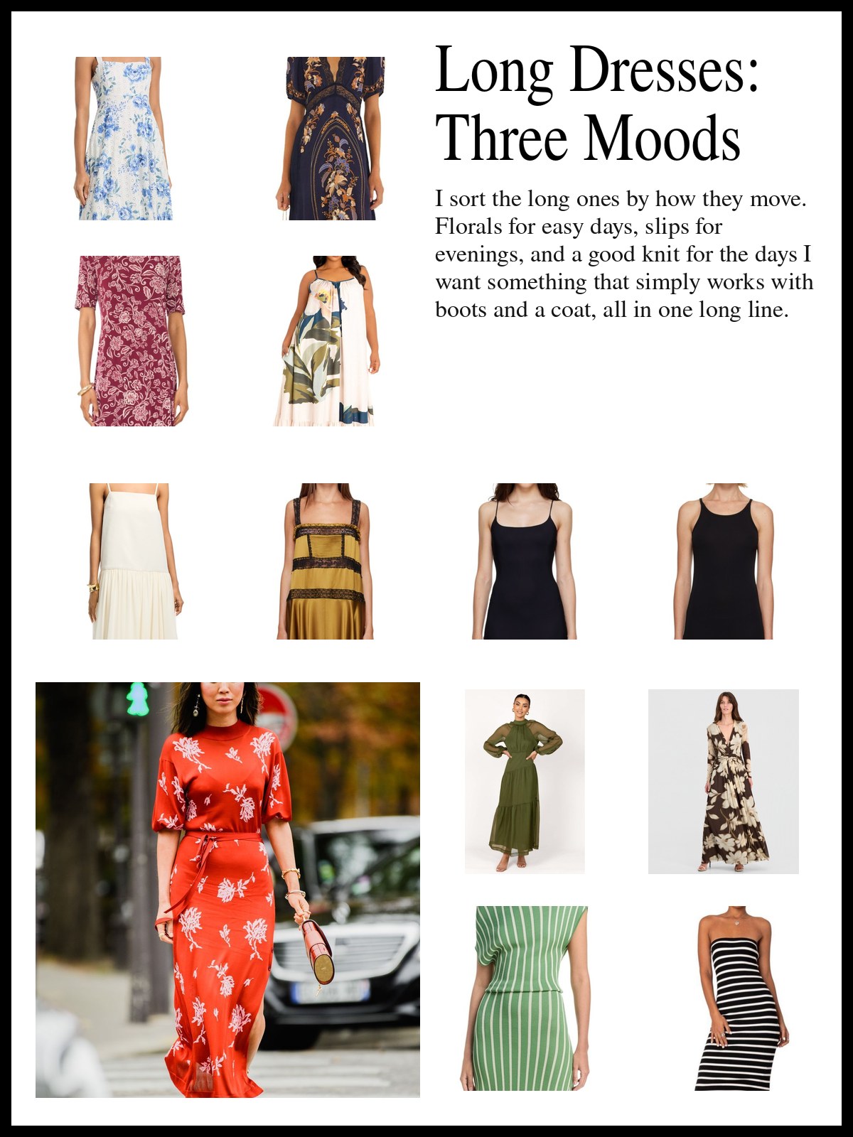 Collage of printed and floral long dresses, black and pink slip styles in satin and silk, and fitted knit styles with long sleeves, and a mood photo of a woman in a red floral maxi dress crossing the street.