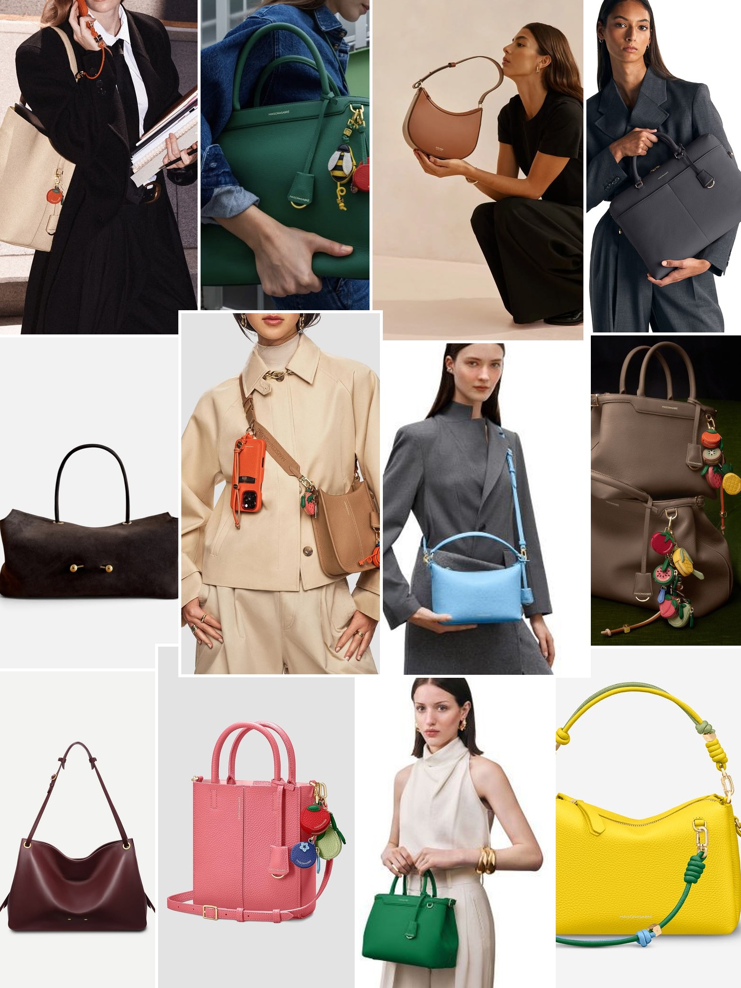 Collage of leather handbags in jewel tones and neutrals worn crossbody or carried with everyday outfits