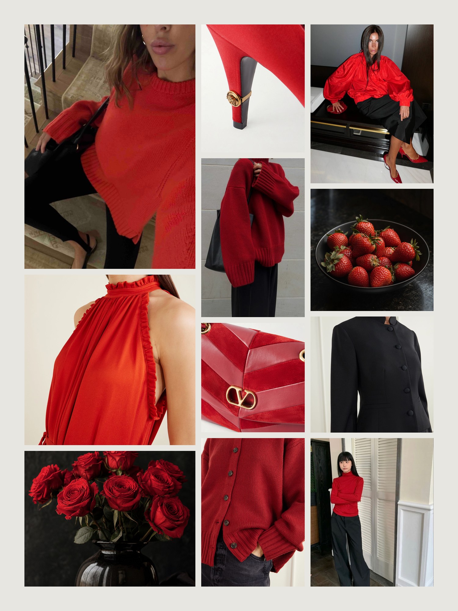 Mood board for red and black outfits: four street-style photos of women wearing red and black, close-ups of the Valentino Garavani shoulder bag, the Versace pumps, the Guest in Residence cardigan, the Giuliva Heritage maxi dress and the Liberowe jacket from this edit, and two still lifes in both colors